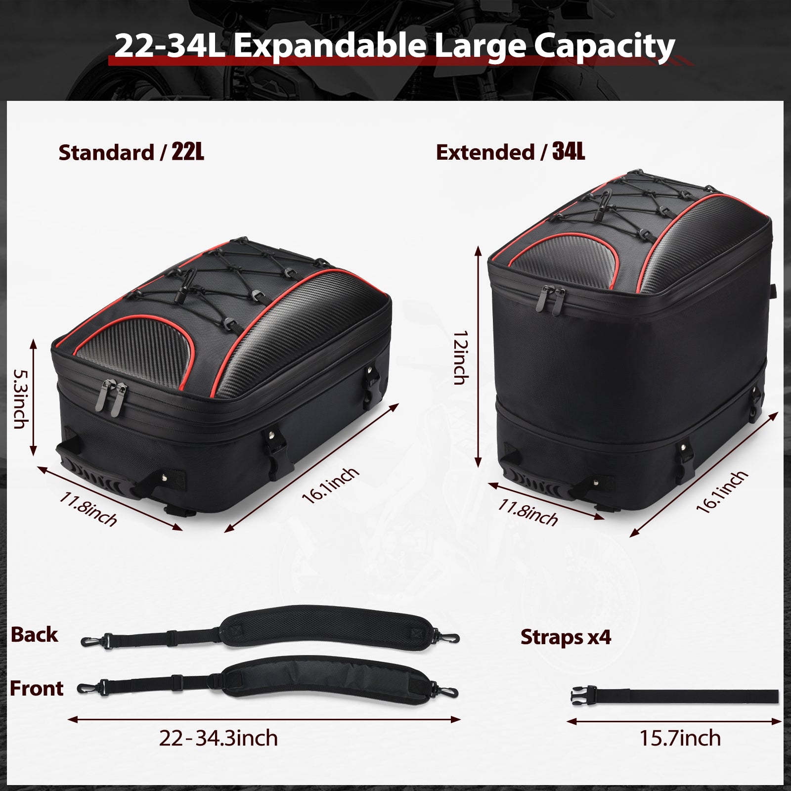 ZZM Motorcycle Tail Bag, 22L-34L Expandable Motorcycle Rear Seat Luggage Bags with Rain Cover, Dual Use Motorcycle Helmet Bags Backpack Storage for Motorbike Weekender Travel, Black