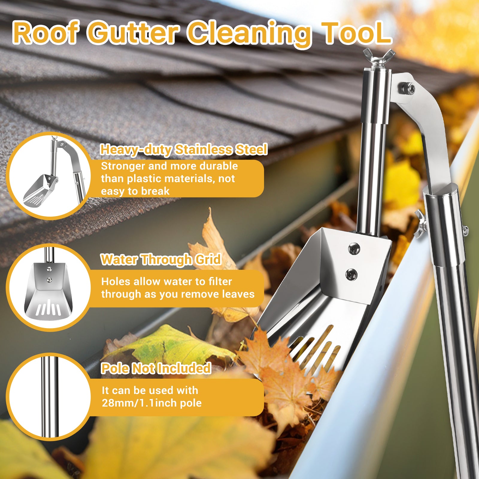 CAROD Home Gutter Cleaning Tool, Guard Gutter Cleaner Scoop, Stainless Steel Roof Gutter Tool for Garden, Ditch, Villas, Townhouses Standard Gutters, Easy Remove Leaves Debris, Pole Not Included
