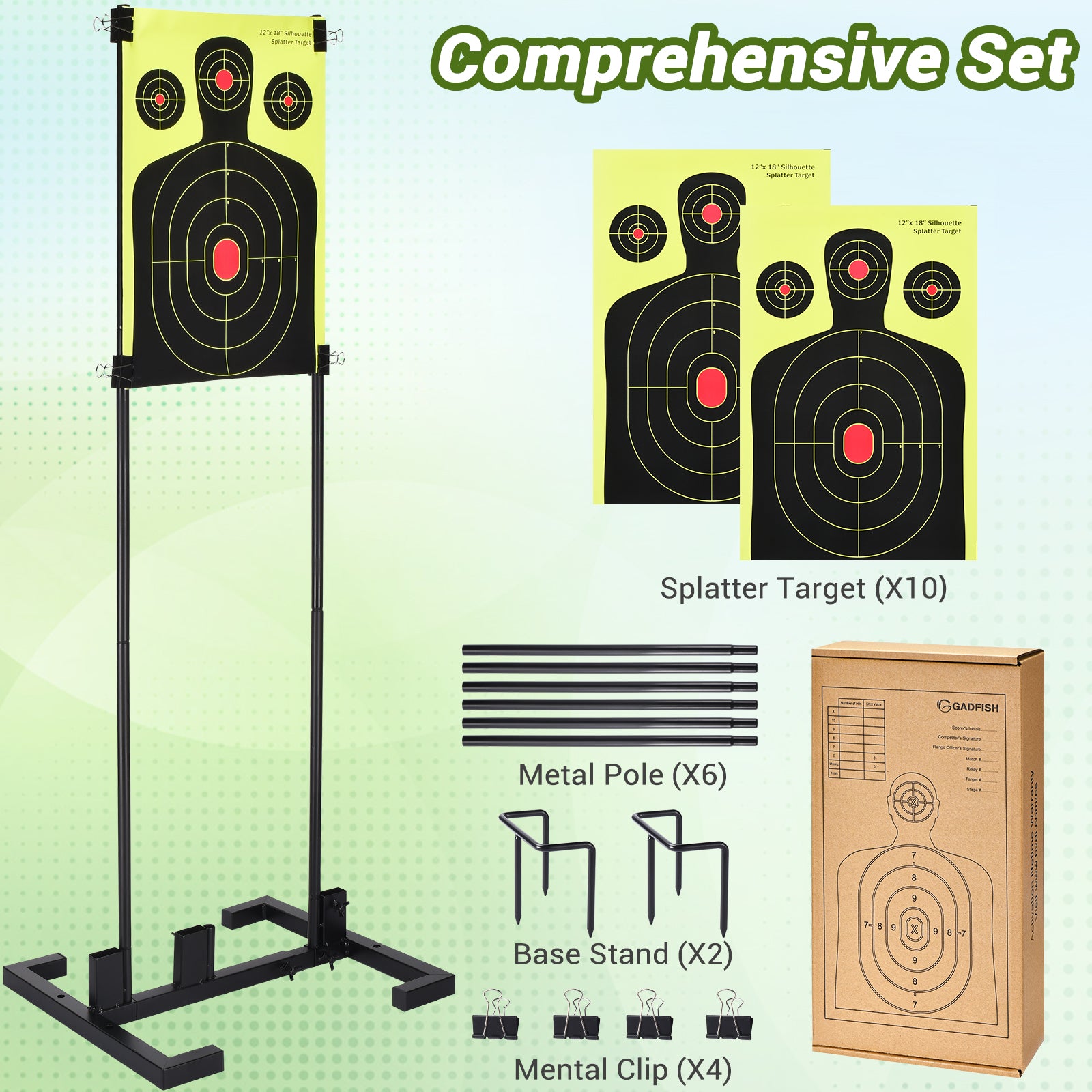 GADFISH Shooting Target Stand Set, Adjustable Shooting Target Base with Shooting Paper Targets, Two Mounting Options for Shooting Outdoors, Paper Target Holder Including Metal Poles and Ground Nails