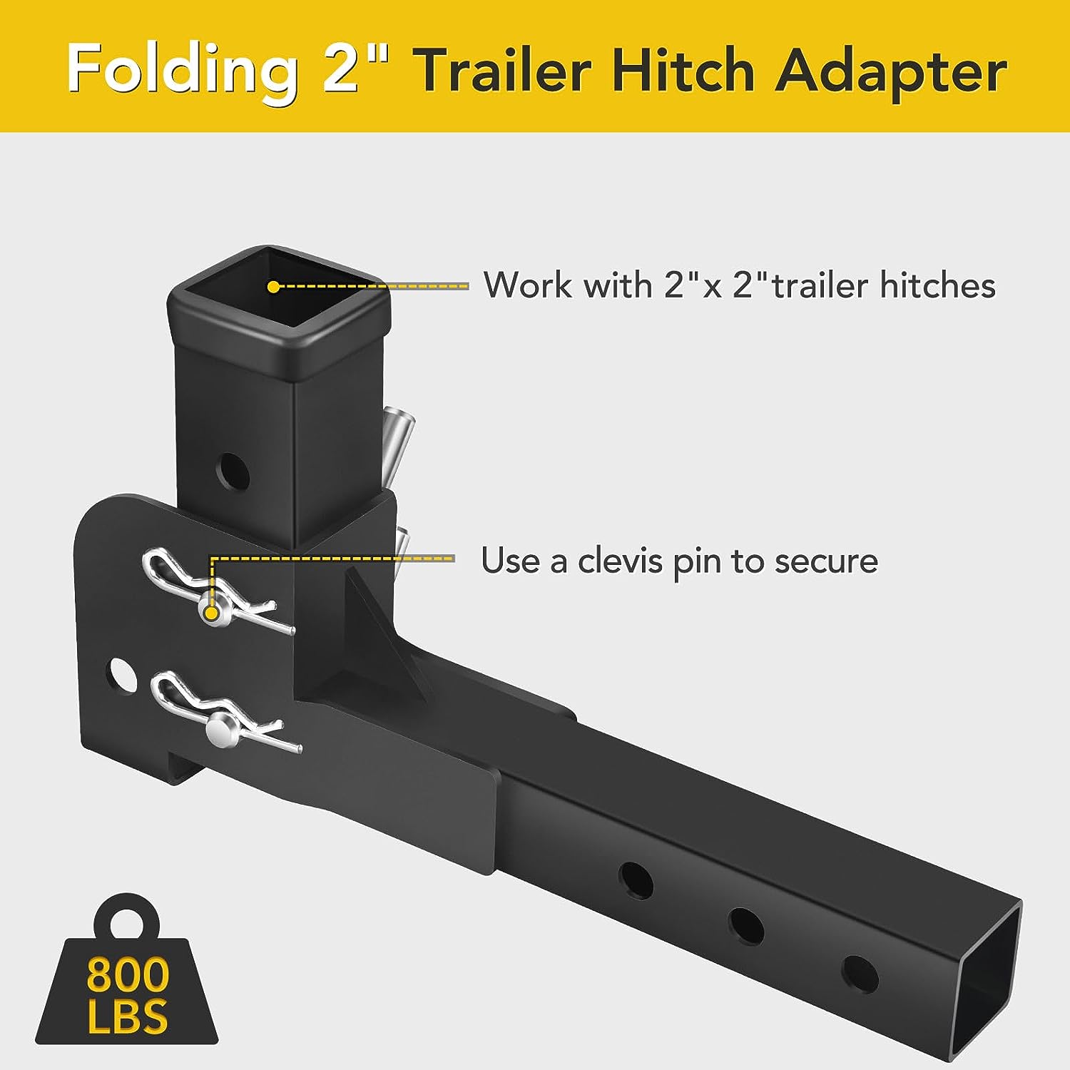 HVDI Folding 2" Trailer Hitch Adapter, 800LBS Foldable 2 inch Receiver Hitch Adapter Trailer Hitch Cargo Wheelchair Carrier Adapter Compatible with 2 Inch Trailer Hitches