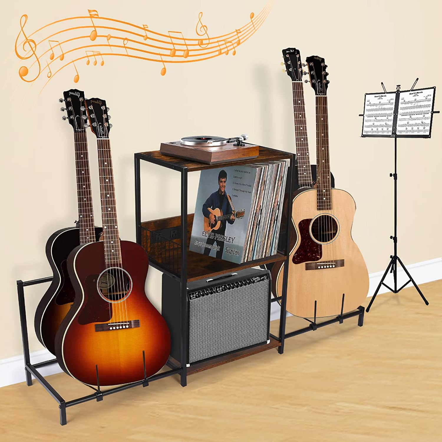 Guitar Stand with Charging Station, Guitar Rack Floor Adjustable for Multiple Guitars Holder for Acoustic, Electric Guitar, Bass, Guitar Amp Accessories, Guitars Display for Home Studio Music Room