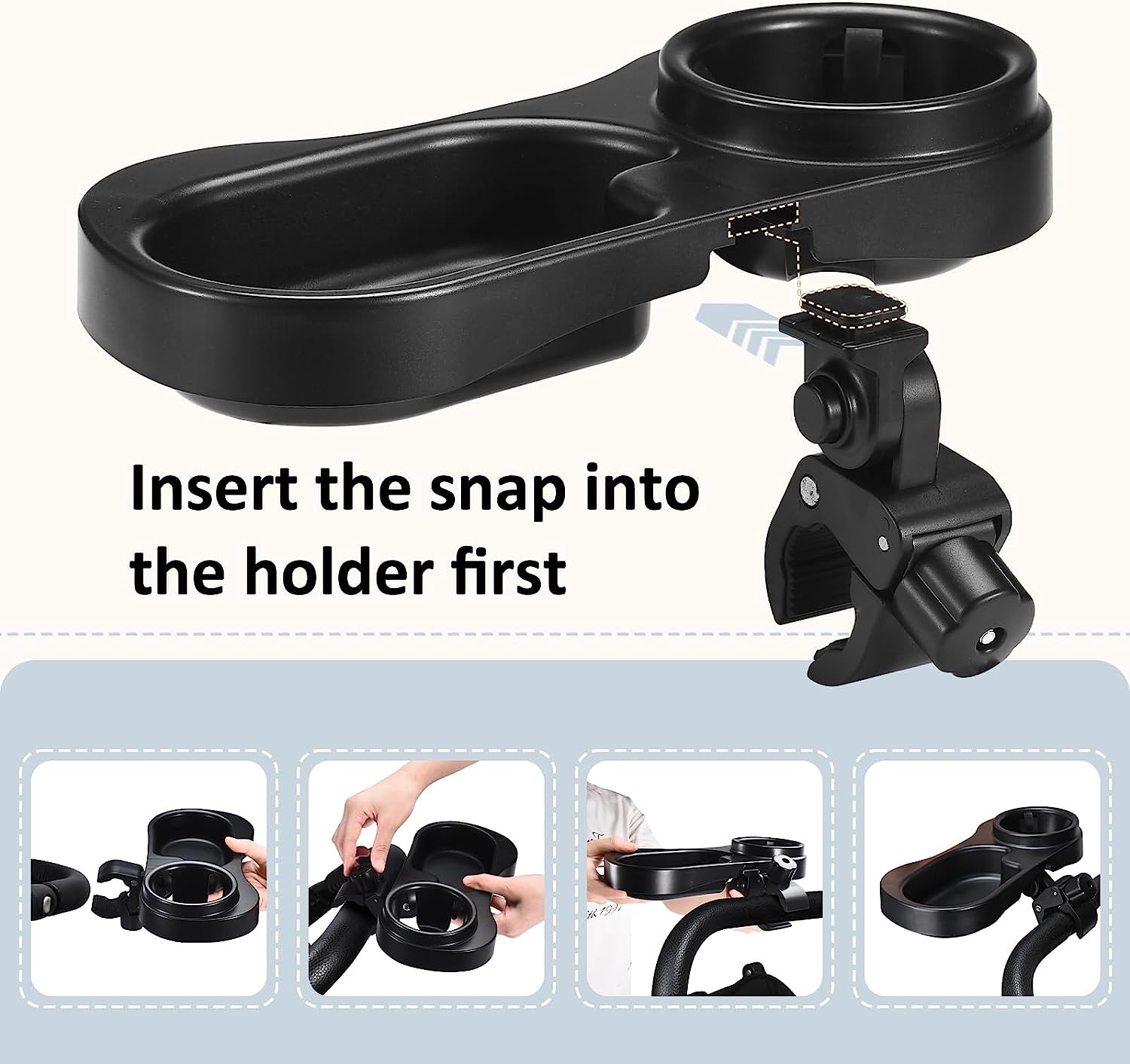 2 in 1 Universal Stroller Snack Tray with Cup Holder, Snack Catcher and Drink Holder for Stroller Snack Tray Attachment - Upgraded Removable Clip for Bumper Bar of Stroller Tray for Baby (Black)