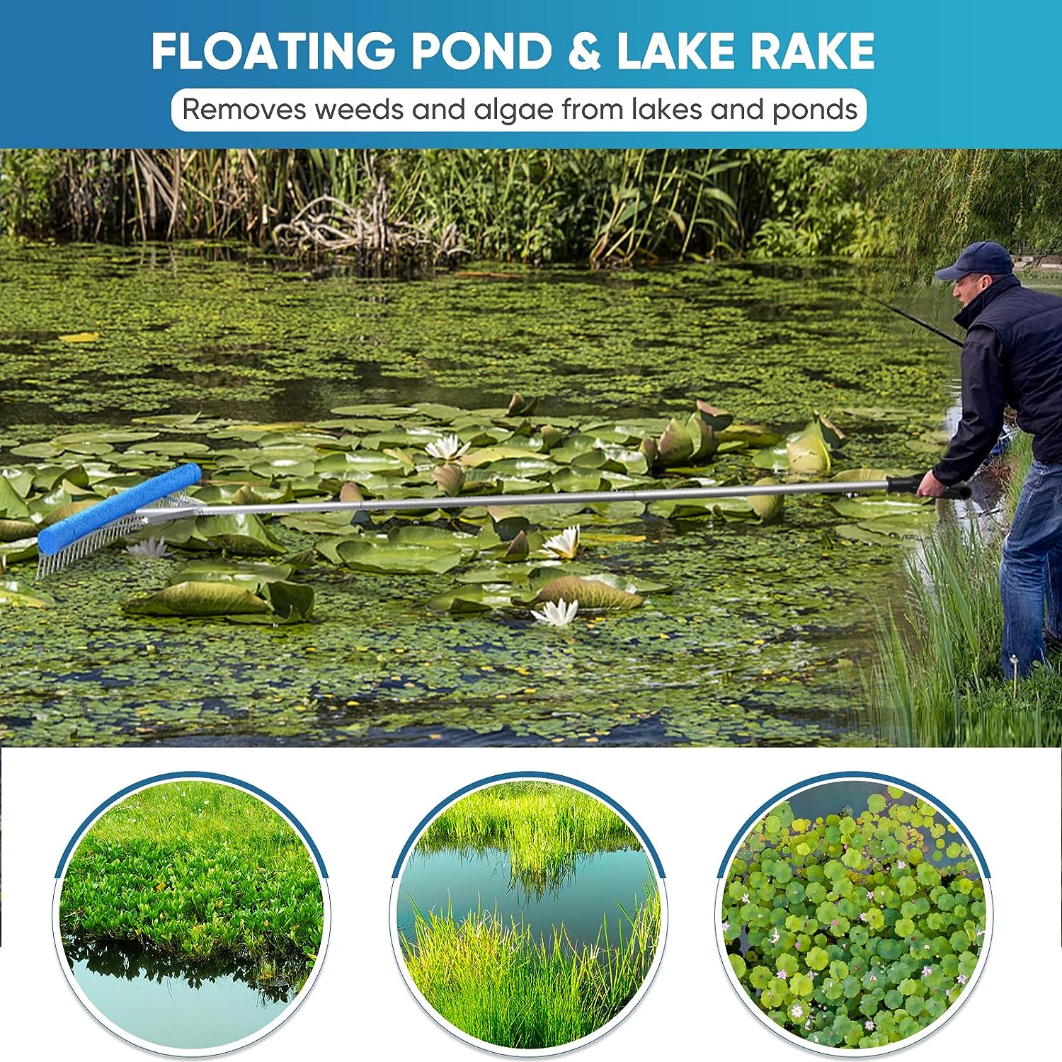 HVDI Floating Weed Lake Rake, 36" Aluminum Landscape Rake with Foam Floating and 33 FT Rope, Weed & Algae Removal, Multifunctional Detachable Aquatic Plant Weed Rake with Gloves