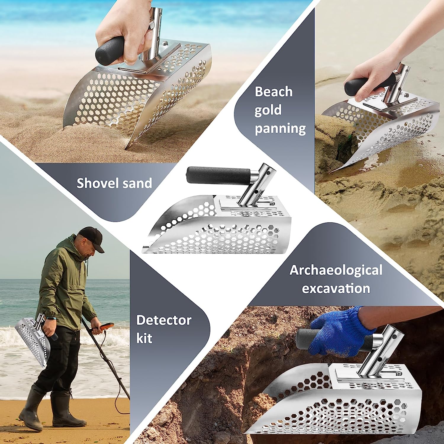 GADFISH Sand Scoop for Metal Detecting, Heavy Duty Metal Detector Beach Finds Scoop, Stainless Steel Metal Detecting Tool Digging Shovel Fast Sifting Stainless Steel Shovel