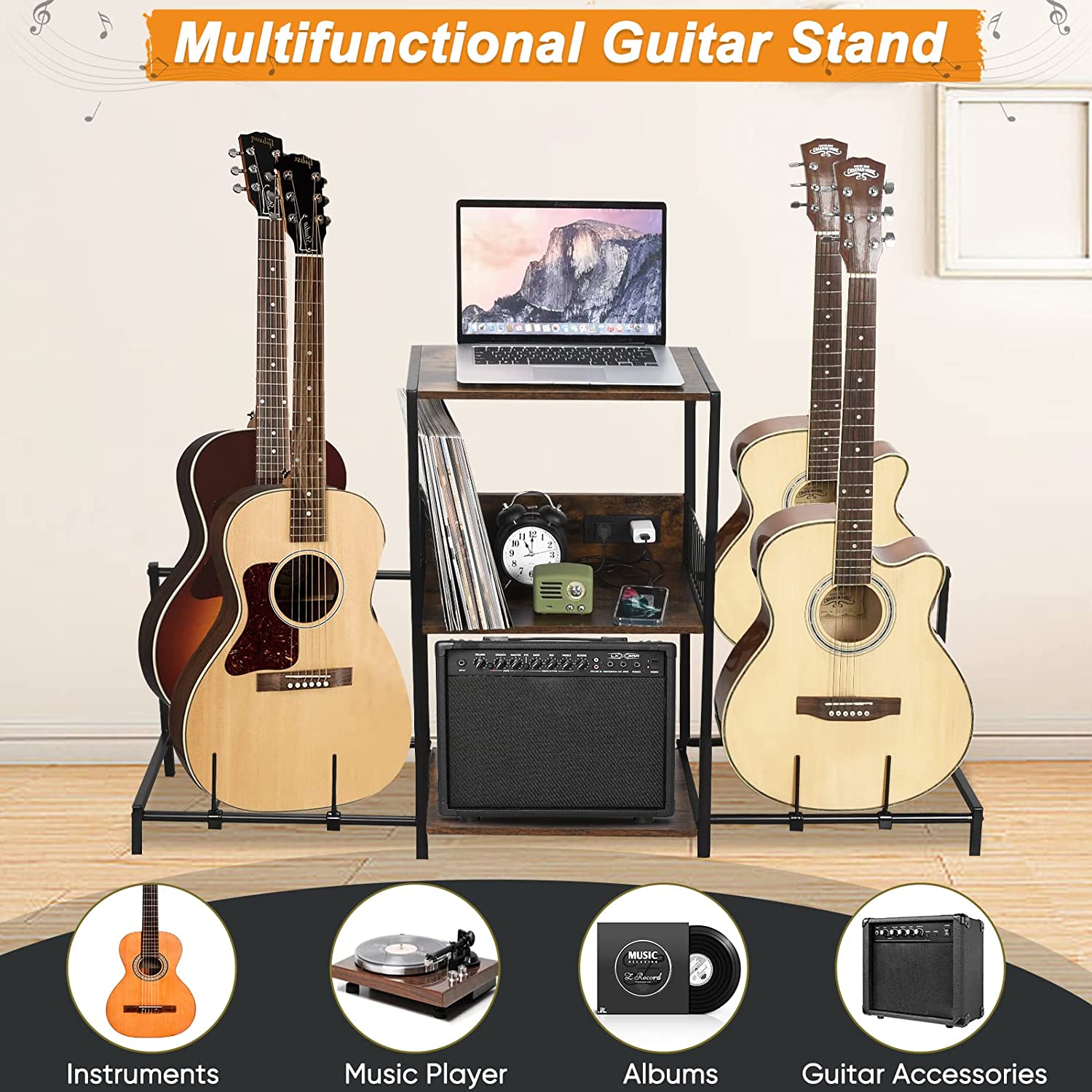 Guitar Stand with Charging Station, Guitar Rack Floor Adjustable for Multiple Guitars Holder for Acoustic, Electric Guitar, Bass, Guitar Amp Accessories, Guitars Display for Home Studio Music Room