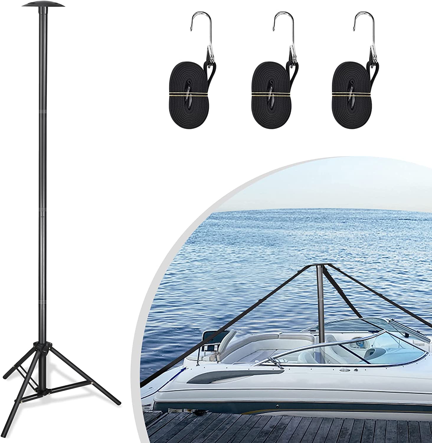 DACK Boat Cover Support Poles Stand System,Pontoon Boat Cover Support with Metal Tripod Base,27-59 inch Boat Cover Poles Adjustable with 3 Straps