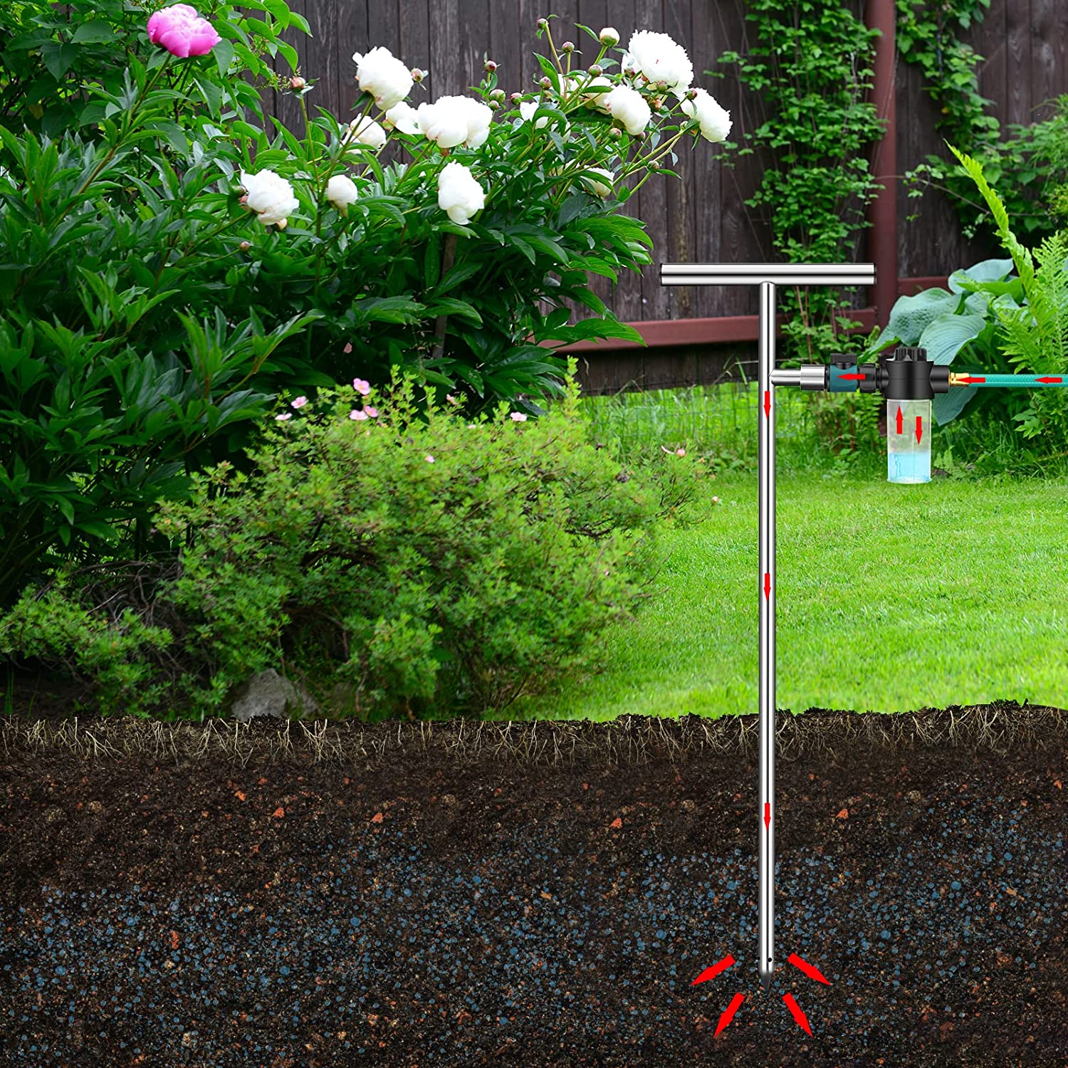 Root Feeder Deep Root Watering Tool with Fertilizer Dispenser Tree Watering Spike Watering Wand Irrigation System,for Plants Trees Bushes Shrubs Made of Stainless Steel with Shut Off Valve T Handle