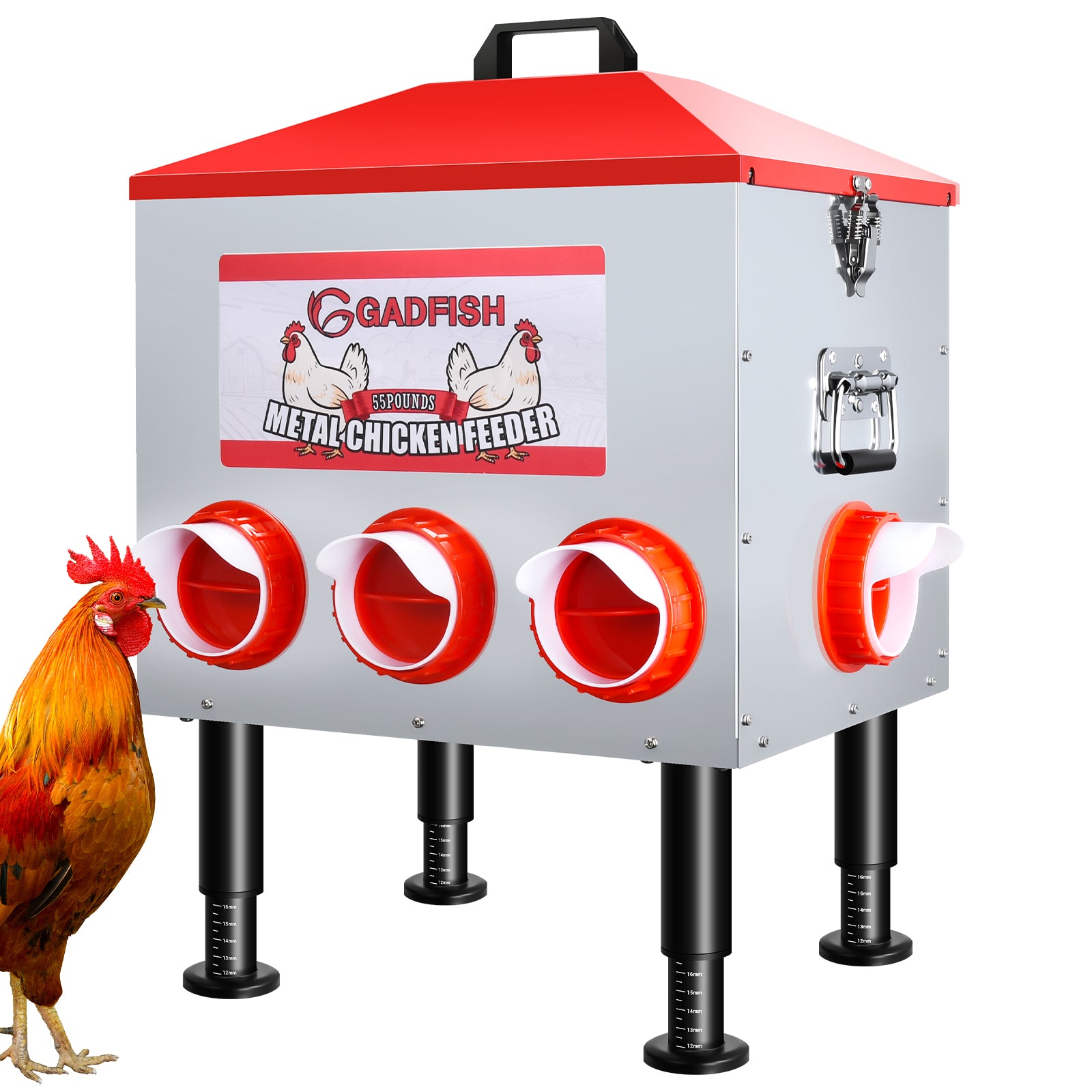 GADFISH 55LBS Large Capacity Automatic Chicken Feeder - 8 Feeding Ports, Anti-Waste Design, Height-Adjustable Legs & Secure Locking Lid for Chickens, Ducks & Poultry