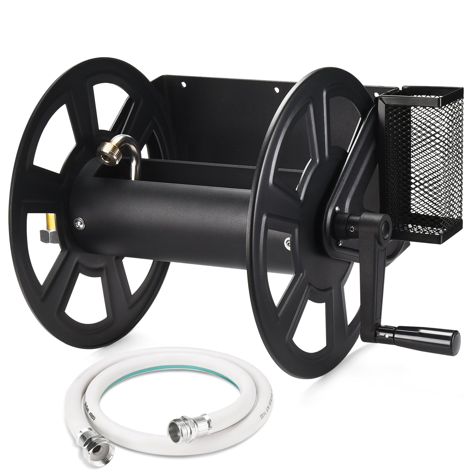 GADFISH Garden Wall Mounted Hose Reel, Metal Hose Reel, Holds 125ft of 5/8-Inch Hose(Not equipped), Equipped with 3.9ft Water Supply Hose and Small Storage Basket, Suitable for Gardens & Yards