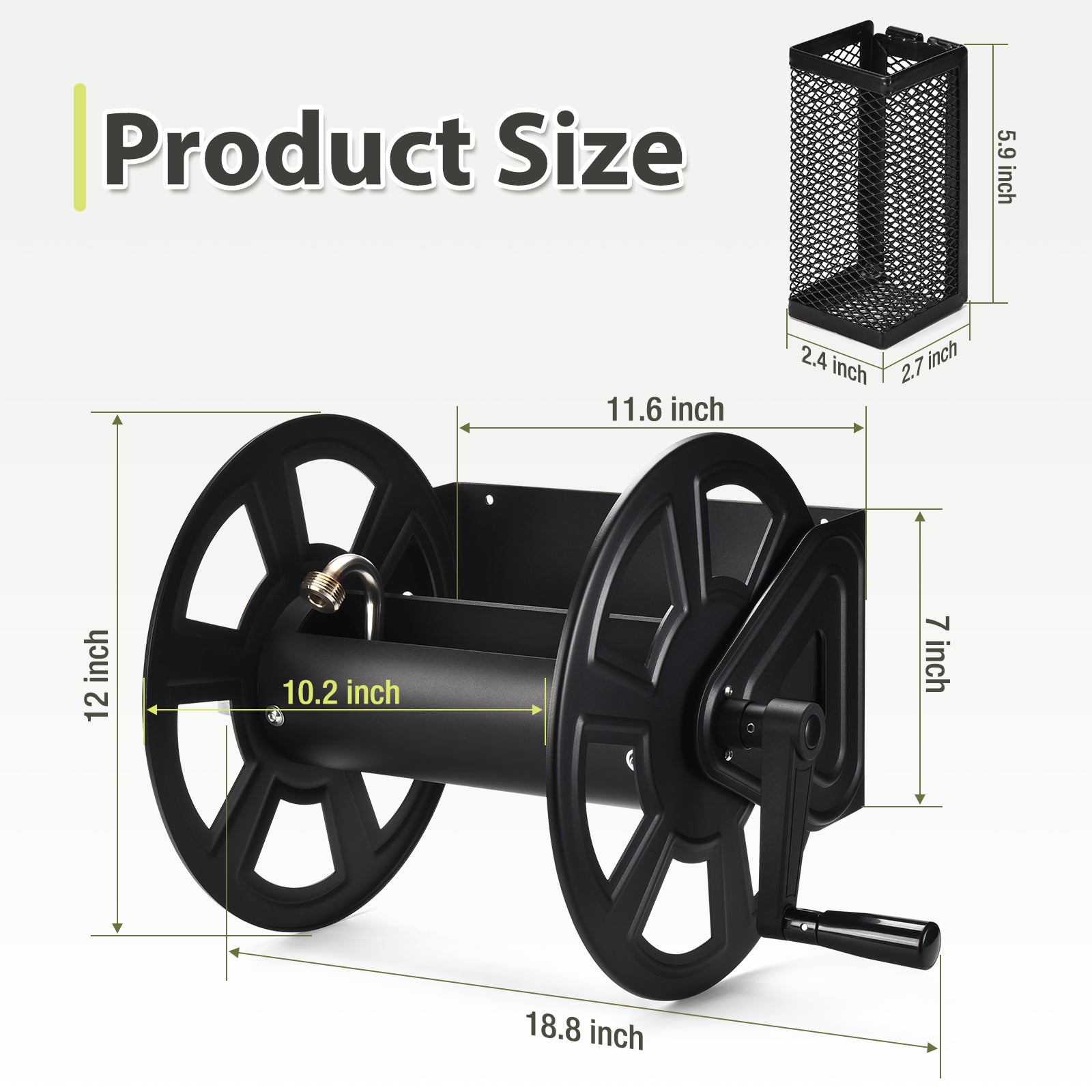 GADFISH Garden Wall Mounted Hose Reel, Metal Hose Reel, Holds 125ft of 5/8-Inch Hose(Not equipped), Equipped with 3.9ft Water Supply Hose and Small Storage Basket, Suitable for Gardens & Yards