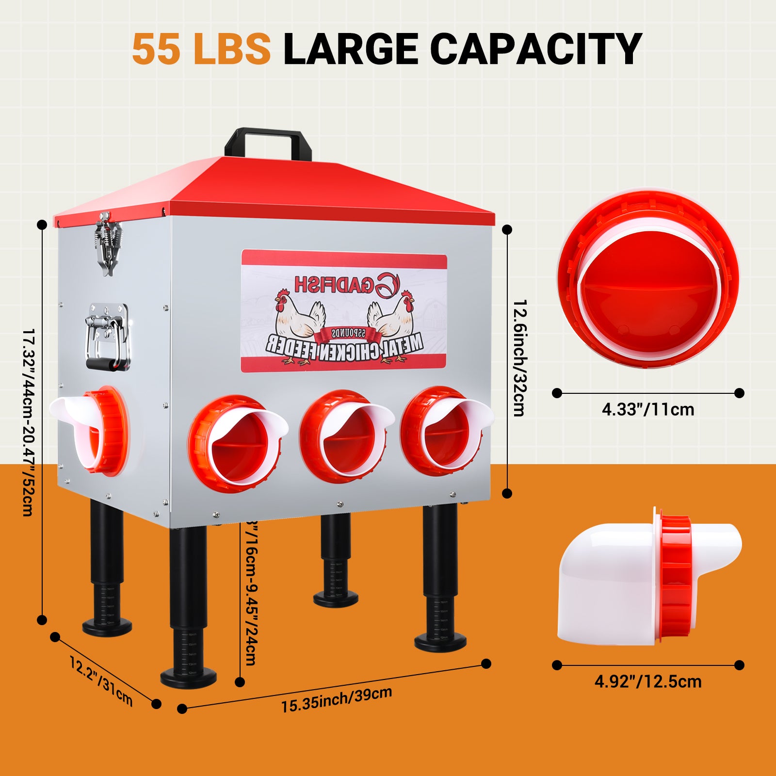GADFISH 55LBS Large Capacity Automatic Chicken Feeder - 8 Feeding Ports, Anti-Waste Design, Height-Adjustable Legs & Secure Locking Lid for Chickens, Ducks & Poultry