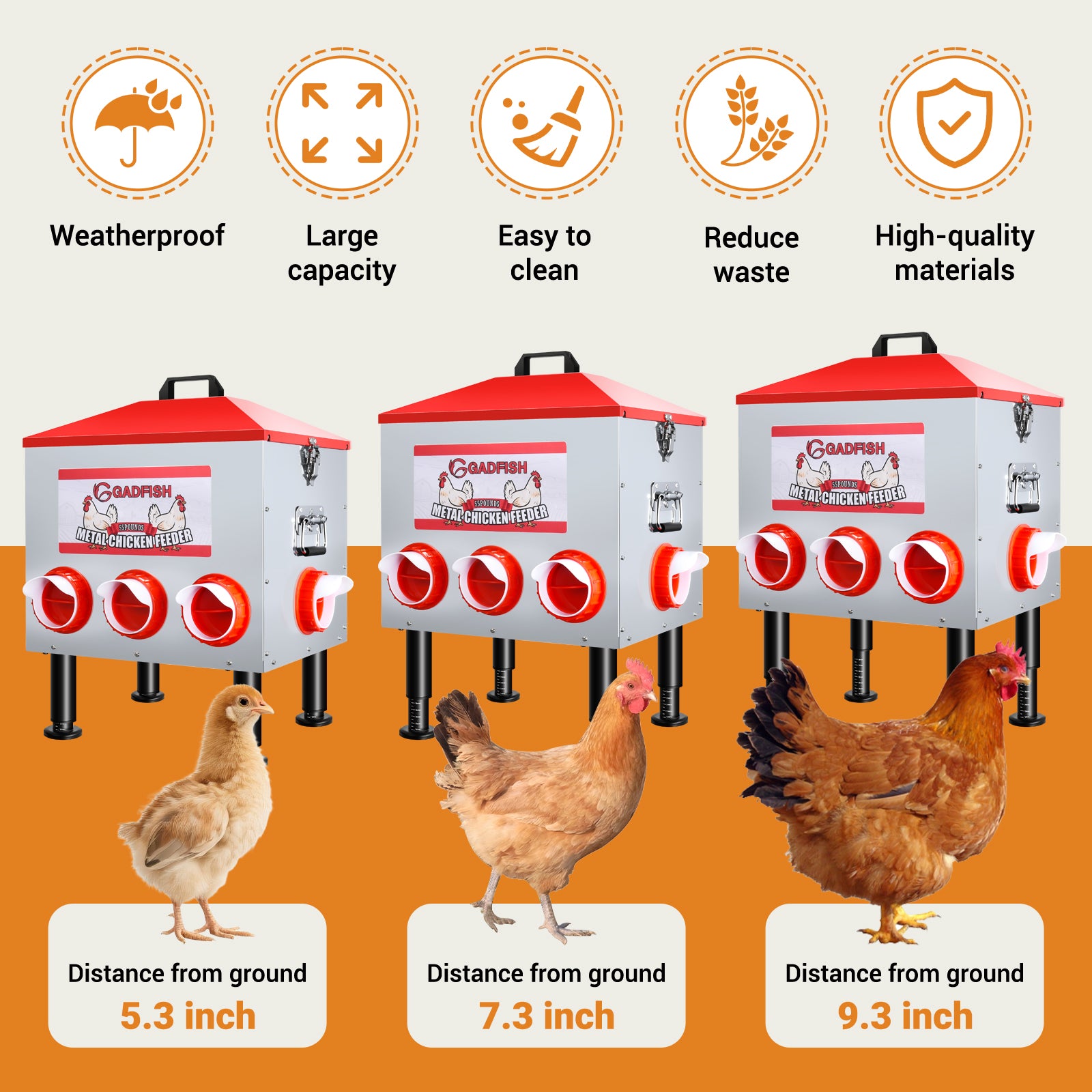 GADFISH 55LBS Large Capacity Automatic Chicken Feeder - 8 Feeding Ports, Anti-Waste Design, Height-Adjustable Legs & Secure Locking Lid for Chickens, Ducks & Poultry