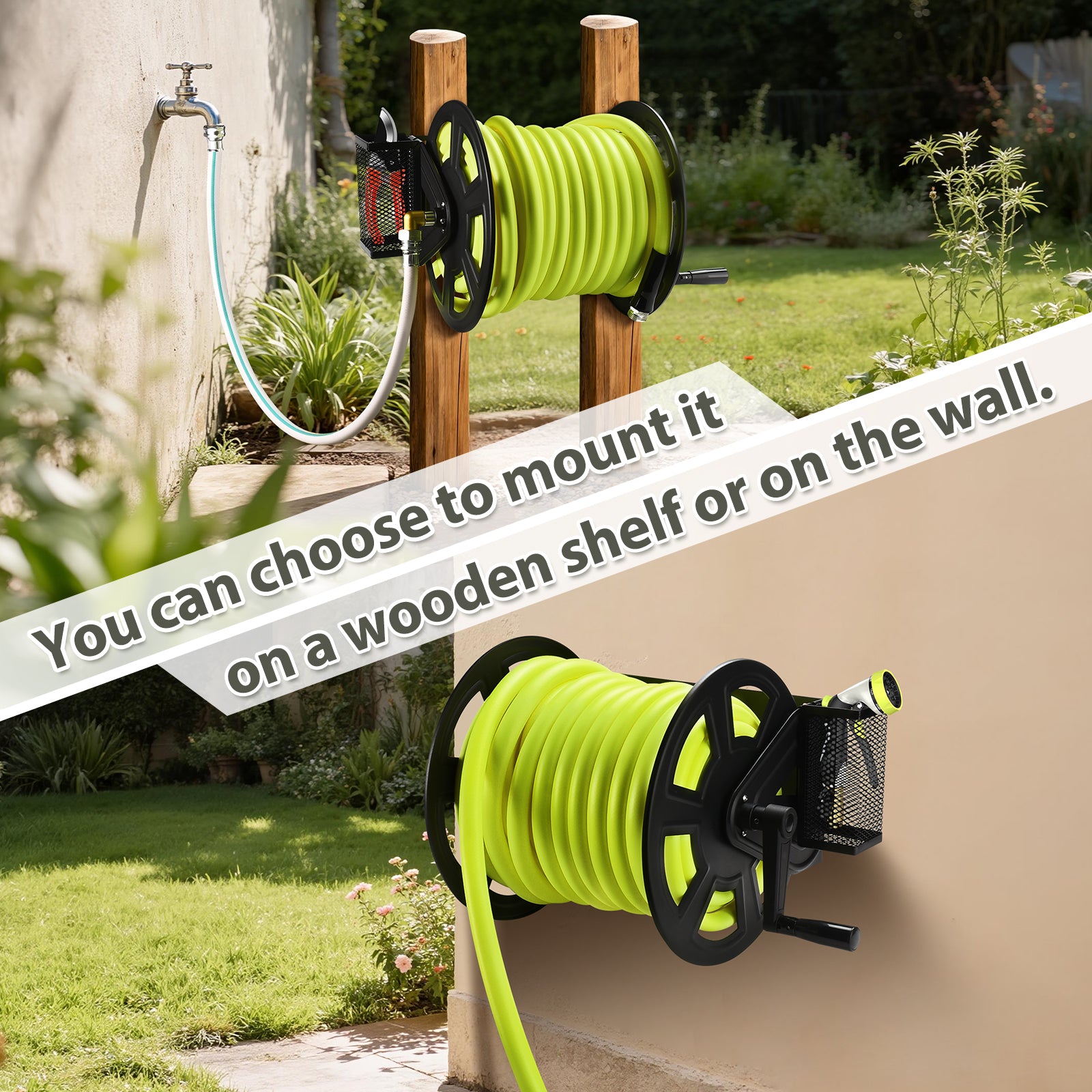 GADFISH Garden Wall Mounted Hose Reel, Metal Hose Reel, Holds 125ft of 5/8-Inch Hose(Not equipped), Equipped with 3.9ft Water Supply Hose and Small Storage Basket, Suitable for Gardens & Yards