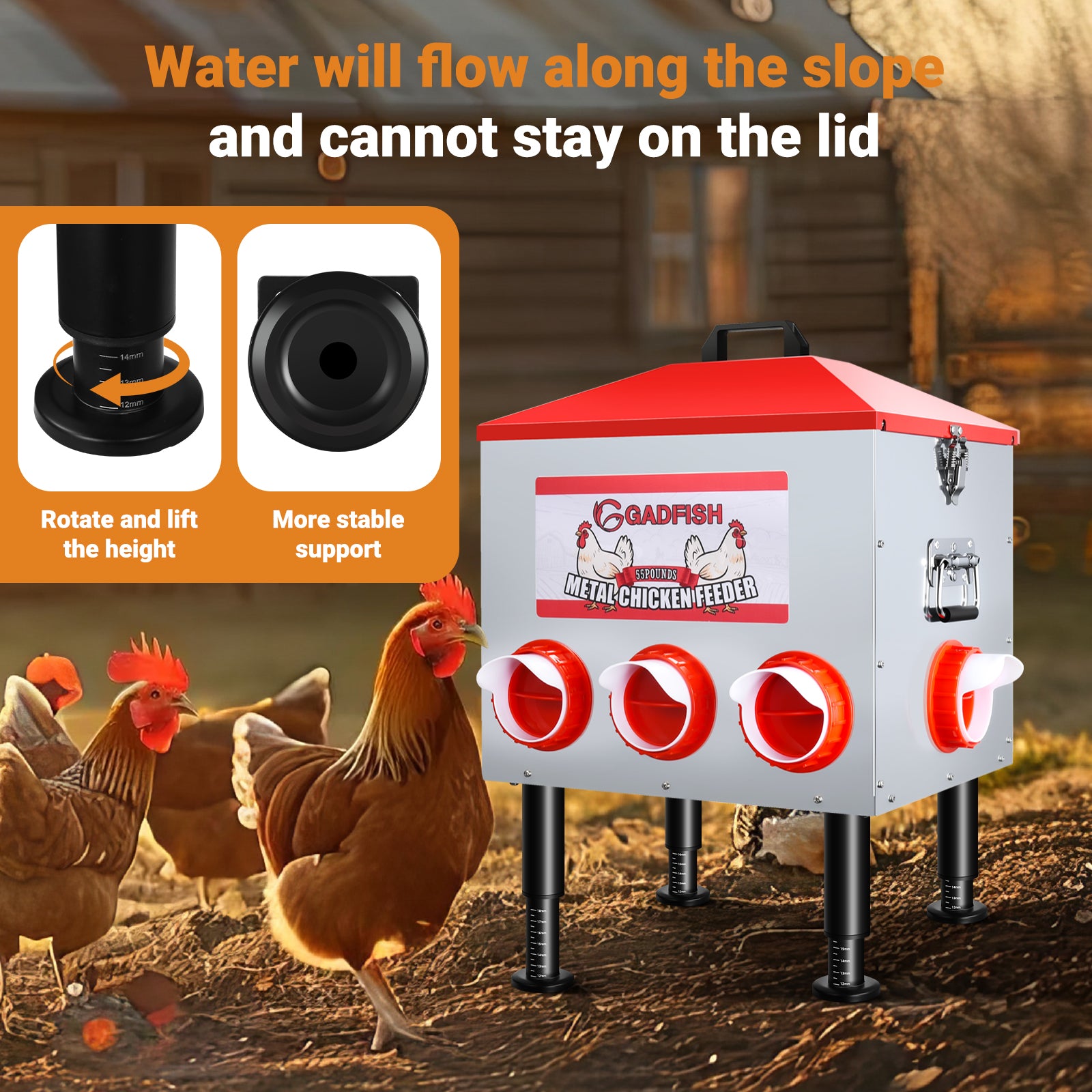 GADFISH 55LBS Large Capacity Automatic Chicken Feeder - 8 Feeding Ports, Anti-Waste Design, Height-Adjustable Legs & Secure Locking Lid for Chickens, Ducks & Poultry