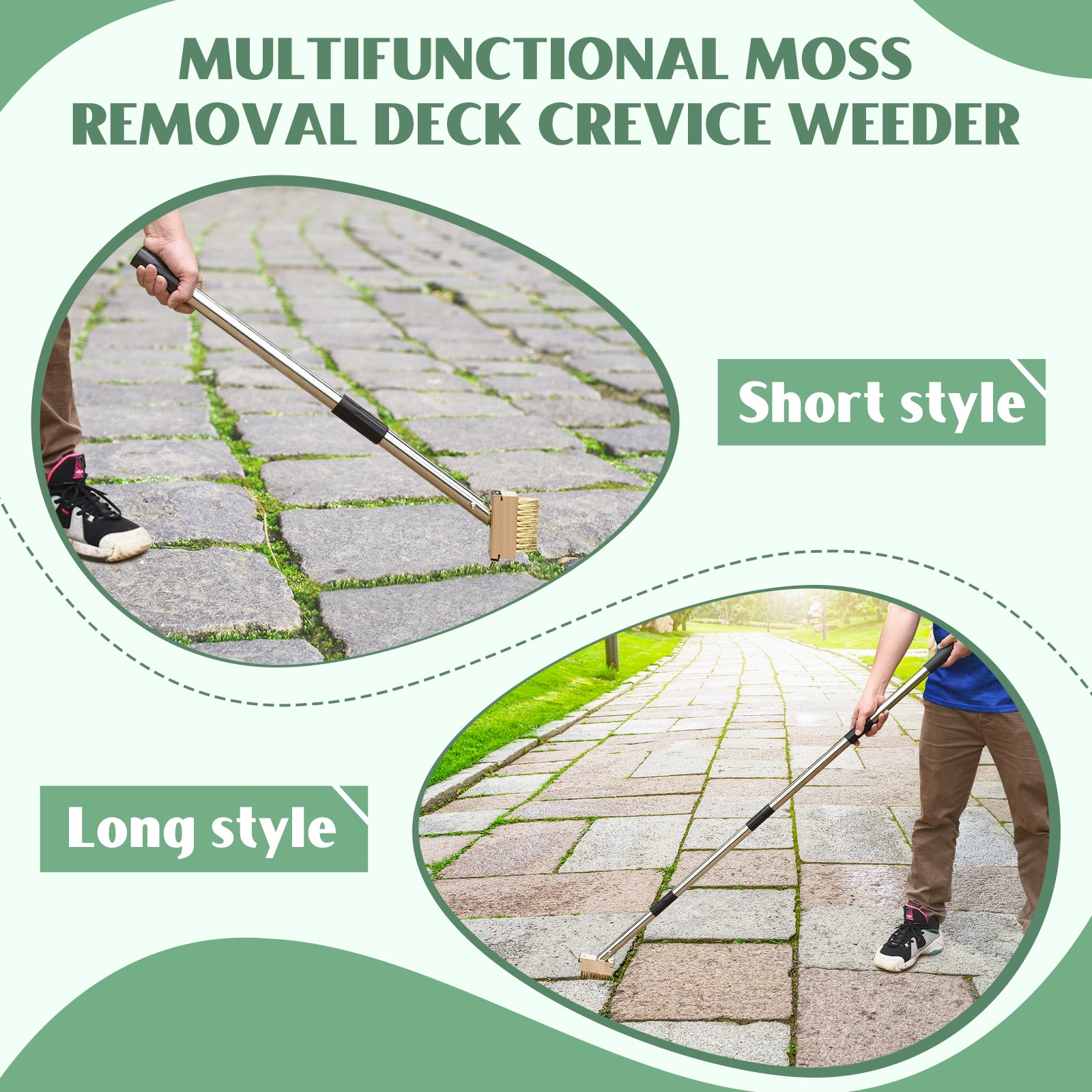 Crack Weeder, Manual Crevice Weeding Tool, Moss Weed Remover Puller Tool Wired Grout Cleaner Brush with Steel Handle for Cleaning Deck, Paver, Patio, Walkway, Driveway Crack - 2 Weed Wire Brush Heads