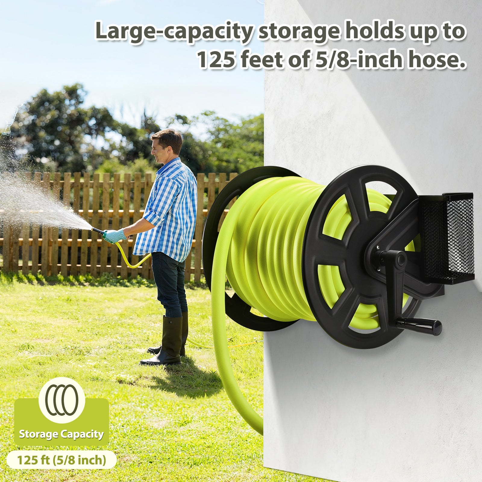 GADFISH Garden Wall Mounted Hose Reel, Metal Hose Reel, Holds 125ft of 5/8-Inch Hose(Not equipped), Equipped with 3.9ft Water Supply Hose and Small Storage Basket, Suitable for Gardens & Yards