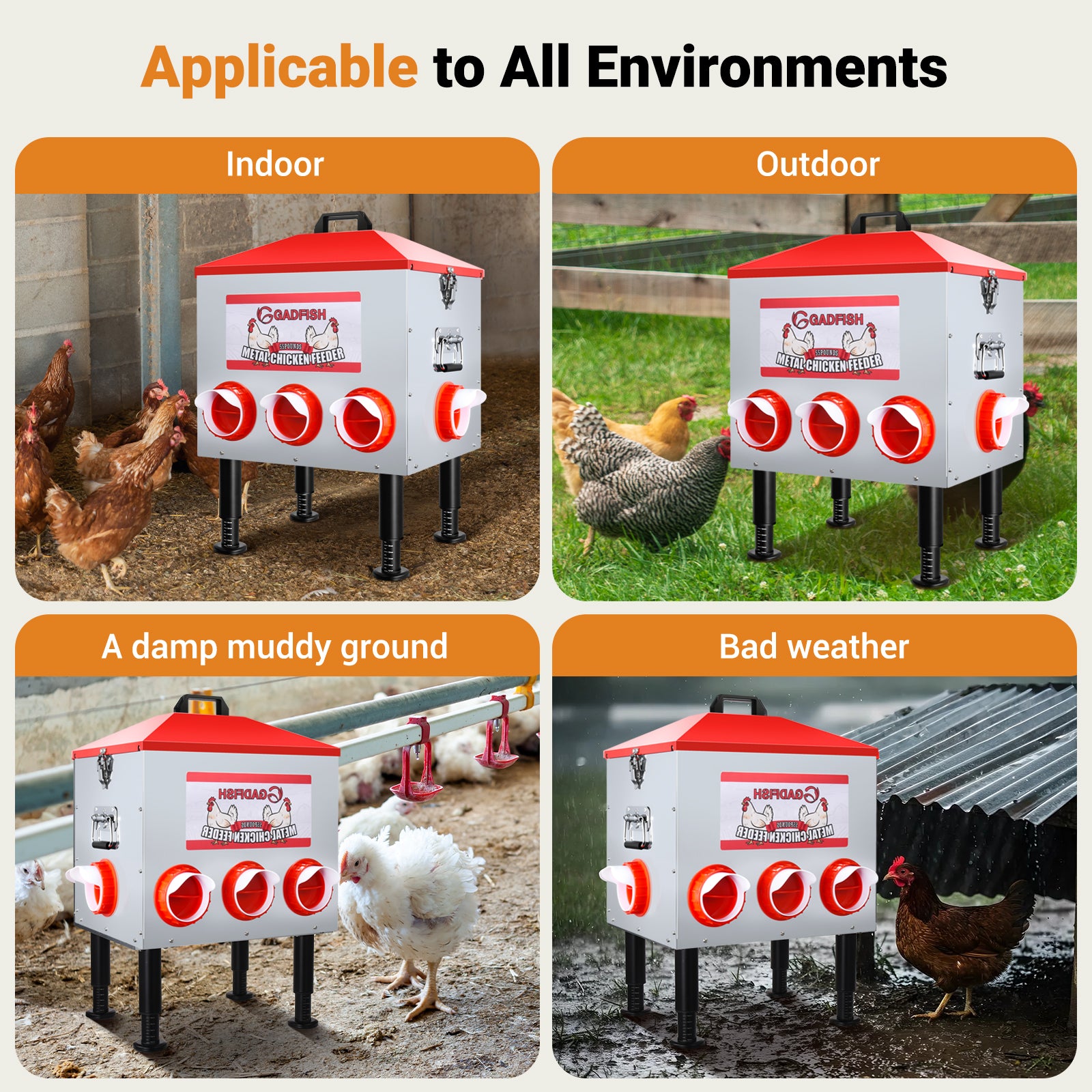 GADFISH 55LBS Large Capacity Automatic Chicken Feeder - 8 Feeding Ports, Anti-Waste Design, Height-Adjustable Legs & Secure Locking Lid for Chickens, Ducks & Poultry