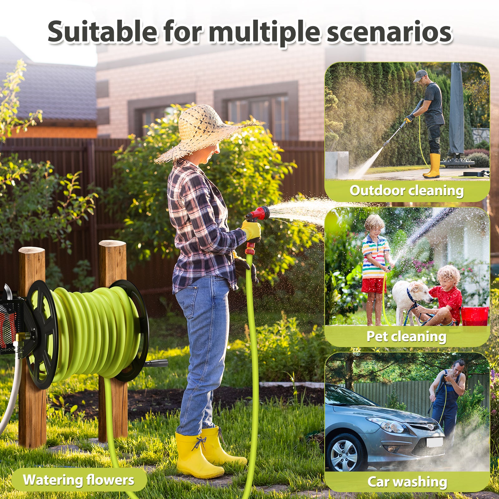 GADFISH Garden Wall Mounted Hose Reel, Metal Hose Reel, Holds 125ft of 5/8-Inch Hose(Not equipped), Equipped with 3.9ft Water Supply Hose and Small Storage Basket, Suitable for Gardens & Yards