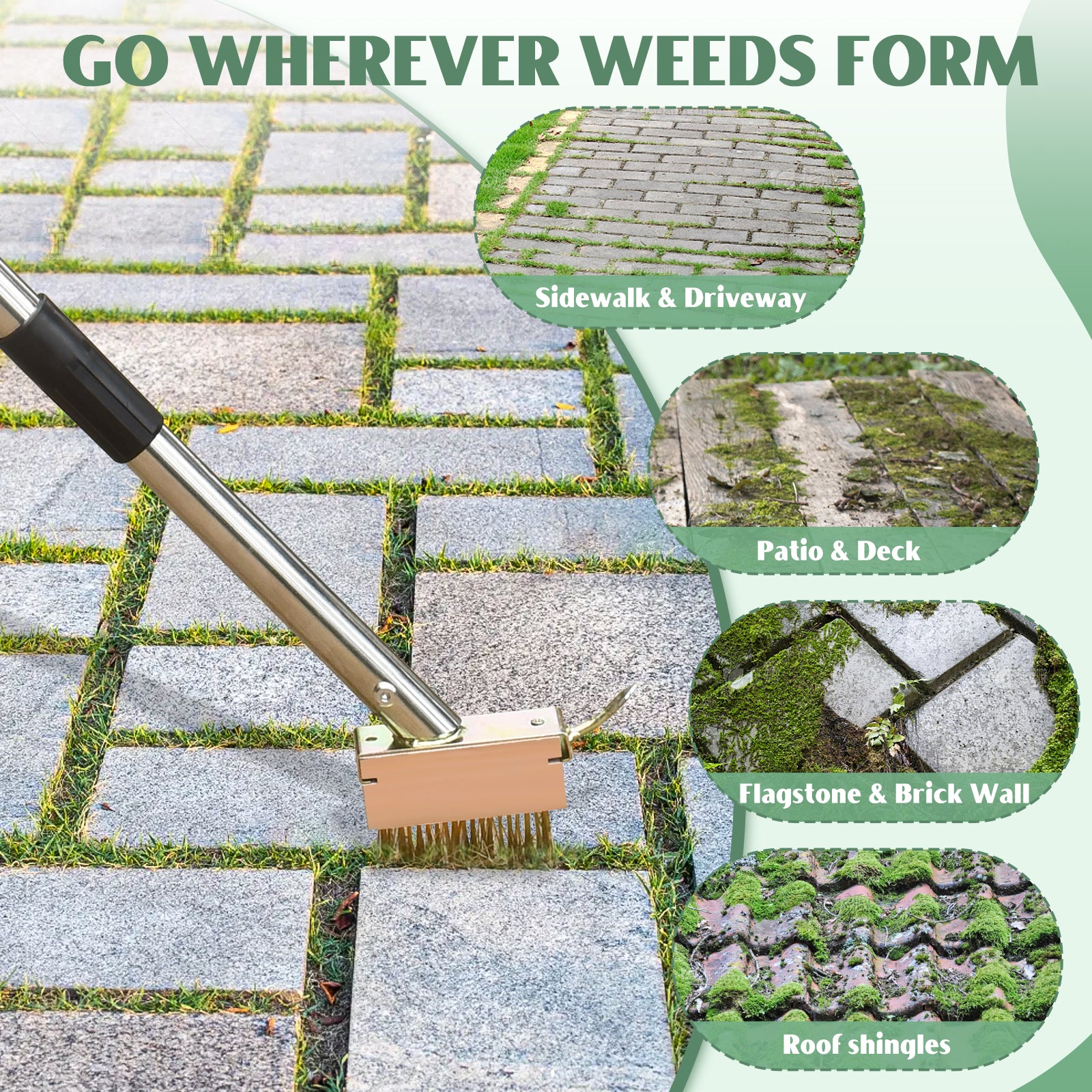 Crack Weeder, Manual Crevice Weeding Tool, Moss Weed Remover Puller Tool Wired Grout Cleaner Brush with Steel Handle for Cleaning Deck, Paver, Patio, Walkway, Driveway Crack - 2 Weed Wire Brush Heads