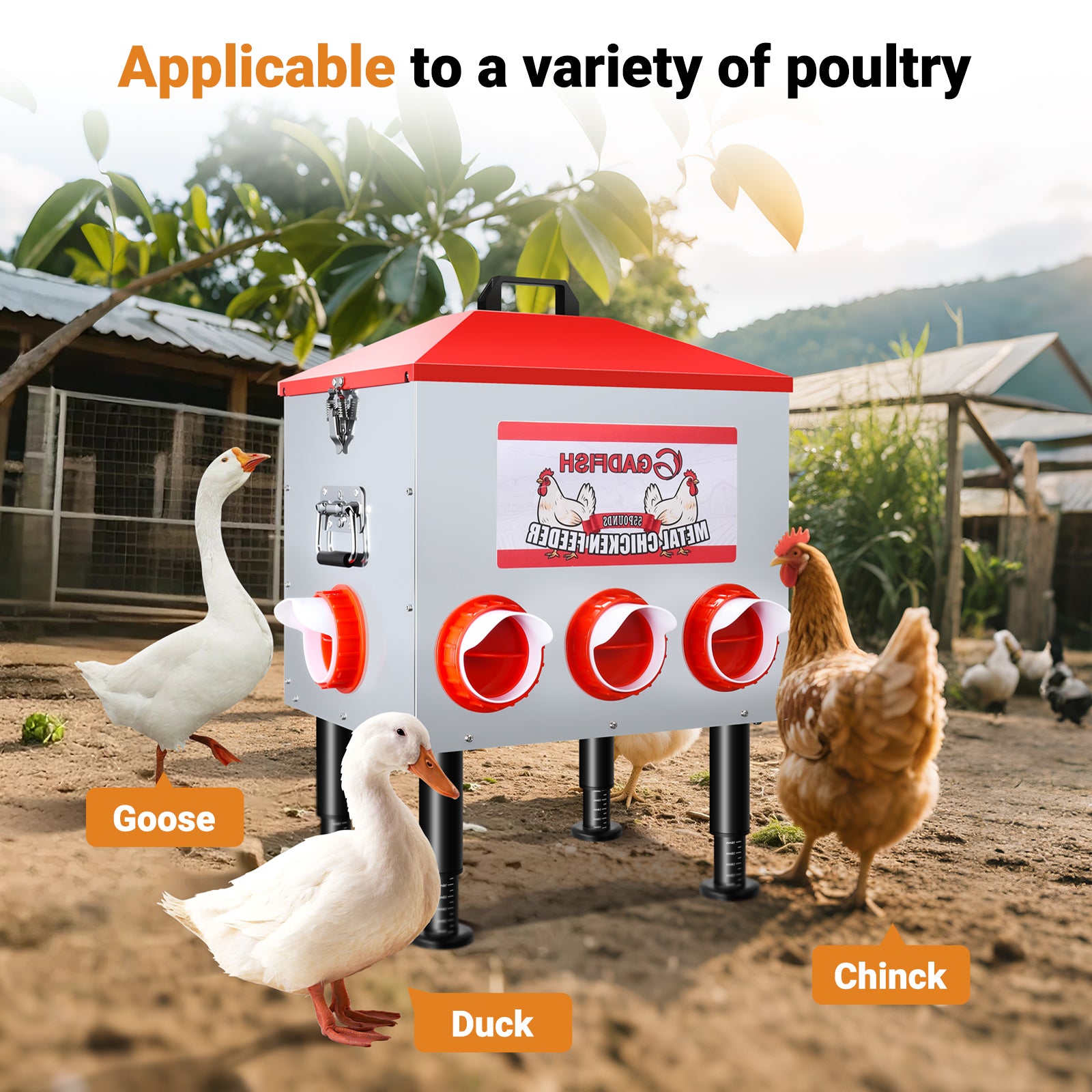 GADFISH 55LBS Large Capacity Automatic Chicken Feeder - 8 Feeding Ports, Anti-Waste Design, Height-Adjustable Legs & Secure Locking Lid for Chickens, Ducks & Poultry