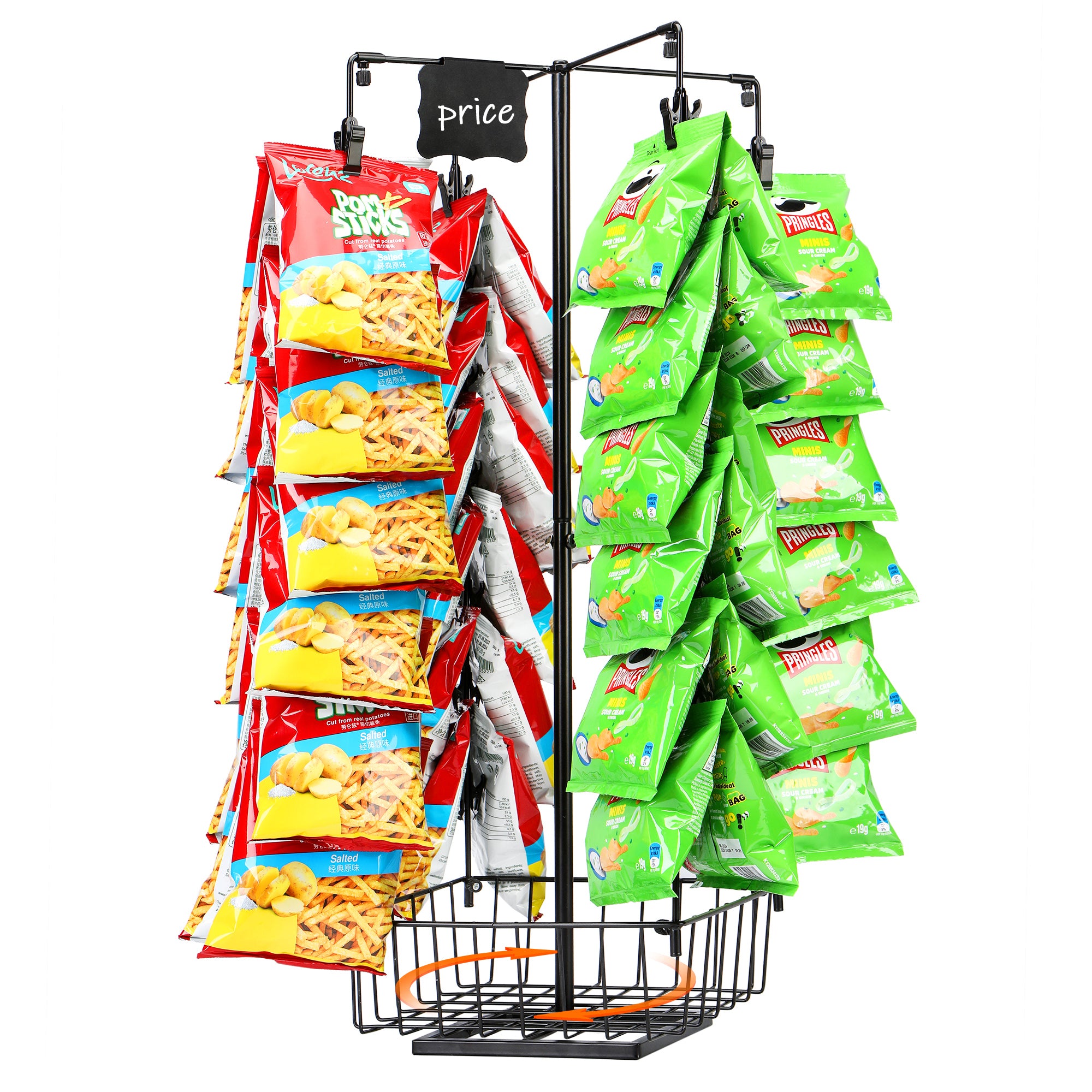 GADFISH Chip Rack Display Stand with Basket, 4-Row 56 Clips Snack Retail Display Rack, 360° Rotation Black Chip Holder Candy Display Rack Organizer for Pantry, Party, Countertop, Concession Stand