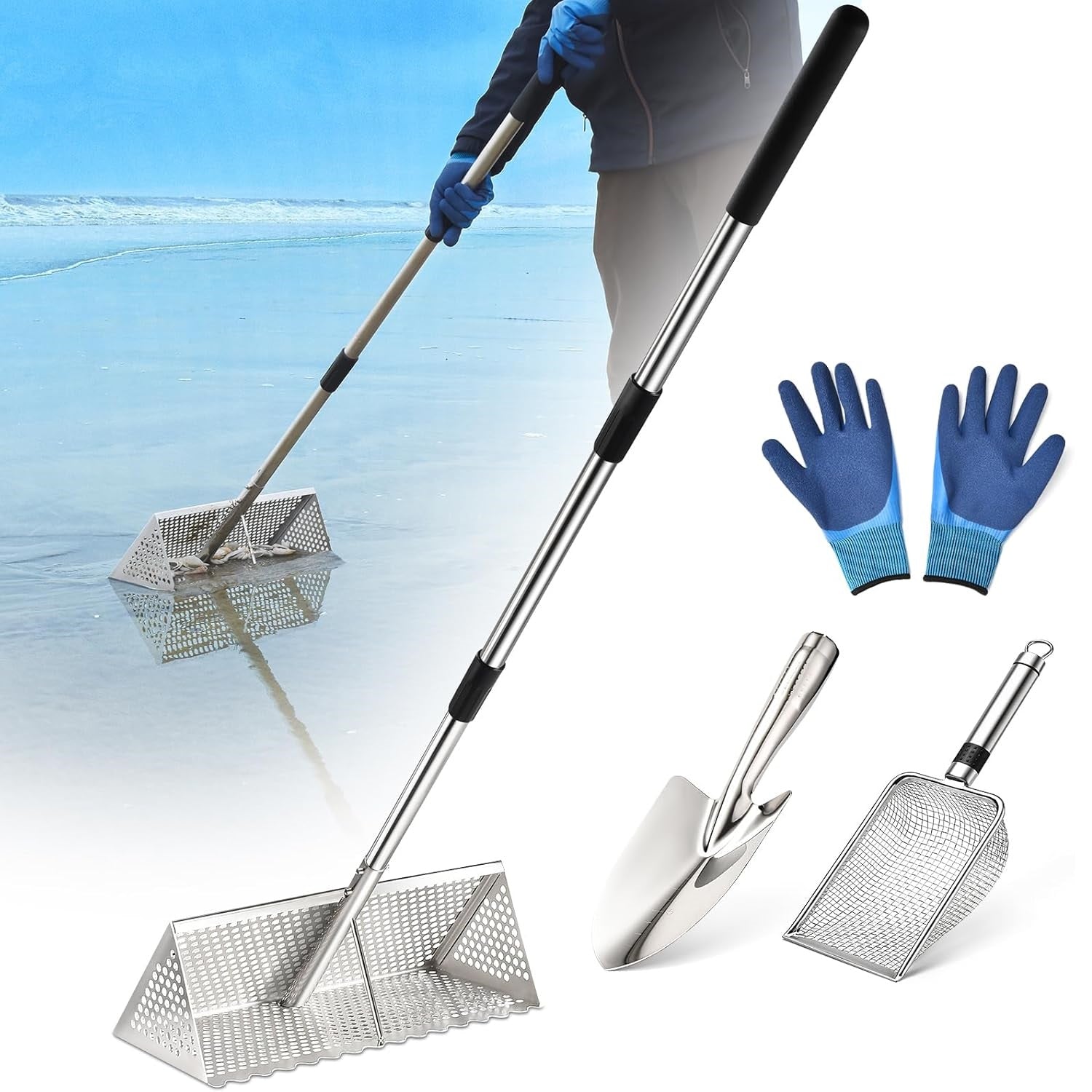 Sand Flea Rake, Long Handle Sand Sifter for The Beach, Stainless Steel Shark Tooth Sifter Comes with A 16-Inch Wide Mesh Screen for Collecting Fleas, Shark Teeth, and Seashells