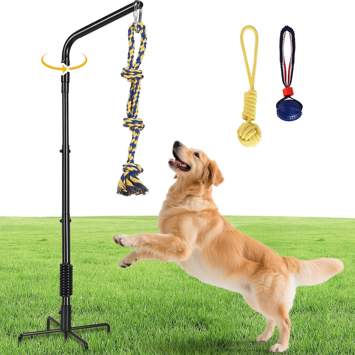 Tether Tug Outdoor Dog Toy with Strengthen Spring Pole, 3 Kinds Dog Tug of War Toys for Self Play and Interactive in Park, Yard, Lawn Rope, Suitable for Large Medium Small Dogs (Black)