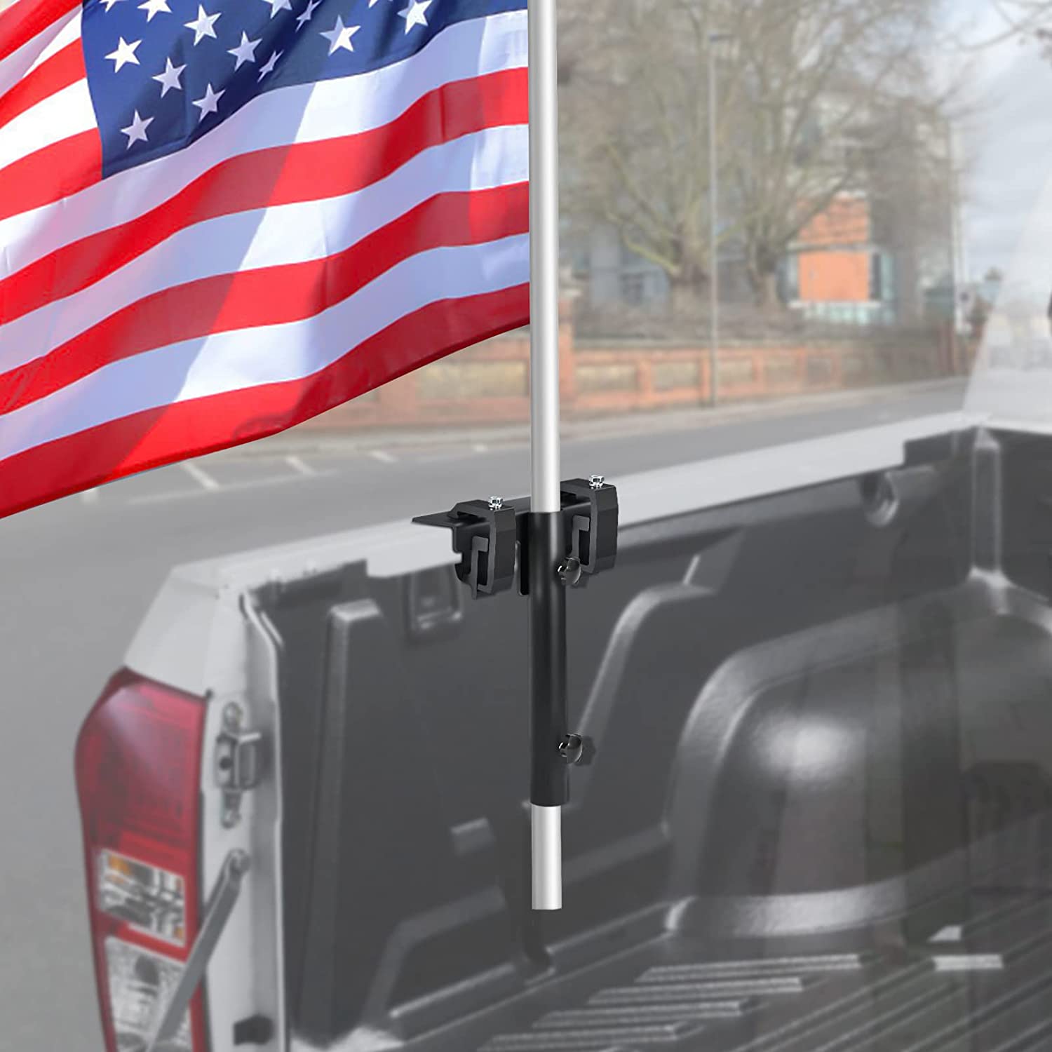 POSTEK No Drilling Side Flag Pole Mount Kit for Truck Bed,Universal Black Flagpole Holder Fit Up to 1.5" Pole