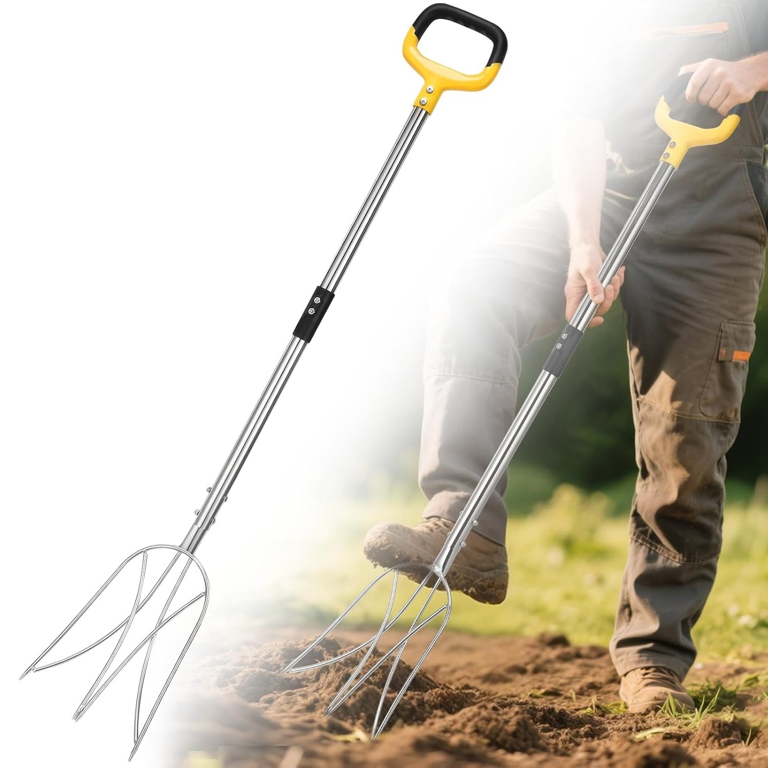 Pitchfork for Gardening, 50" Multifunctional Stainless Steel Garden Pitchfork with Handle, Suitable for Shoveling, Fertilizing, Transplanting, Mulching Garden Fork - 10 Tines