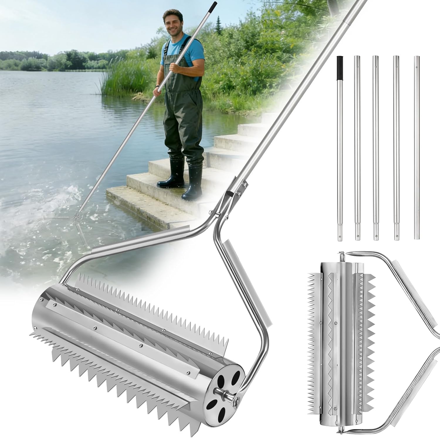 Pond Rake Roller, Lake Weed Cutter Remover, Stainless Steel Beach Roll ...