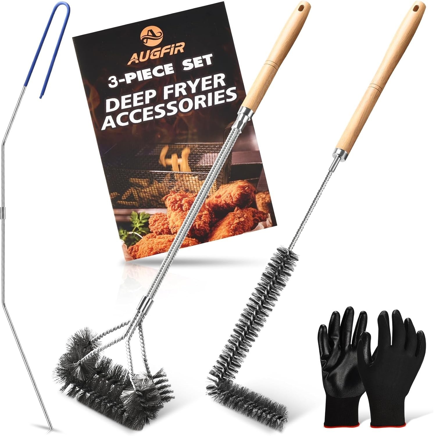 Fryer Cleaning Tools Set of 3, Stainless Steel Deep Fryer Basket Brush, Long Handle L-Shaped Crevice Cleaning Brush and Cleanout Rod Kit for Kitchen Restaurant, Electric Fryer Degreasing Scrubber Tool