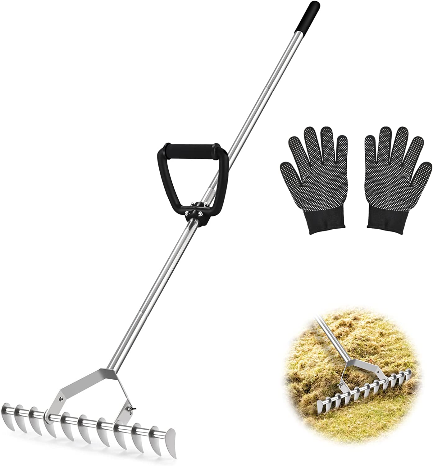 DACK 64" Thatch Rake,Dethatcher Lawn Rake with Back-Saving Handle,Curved Steel Tines for Cleaning Dead Grass,Fertilizing Reseeding Cultivator on Small Yard Garden Made of Stainless Steel with Gloves