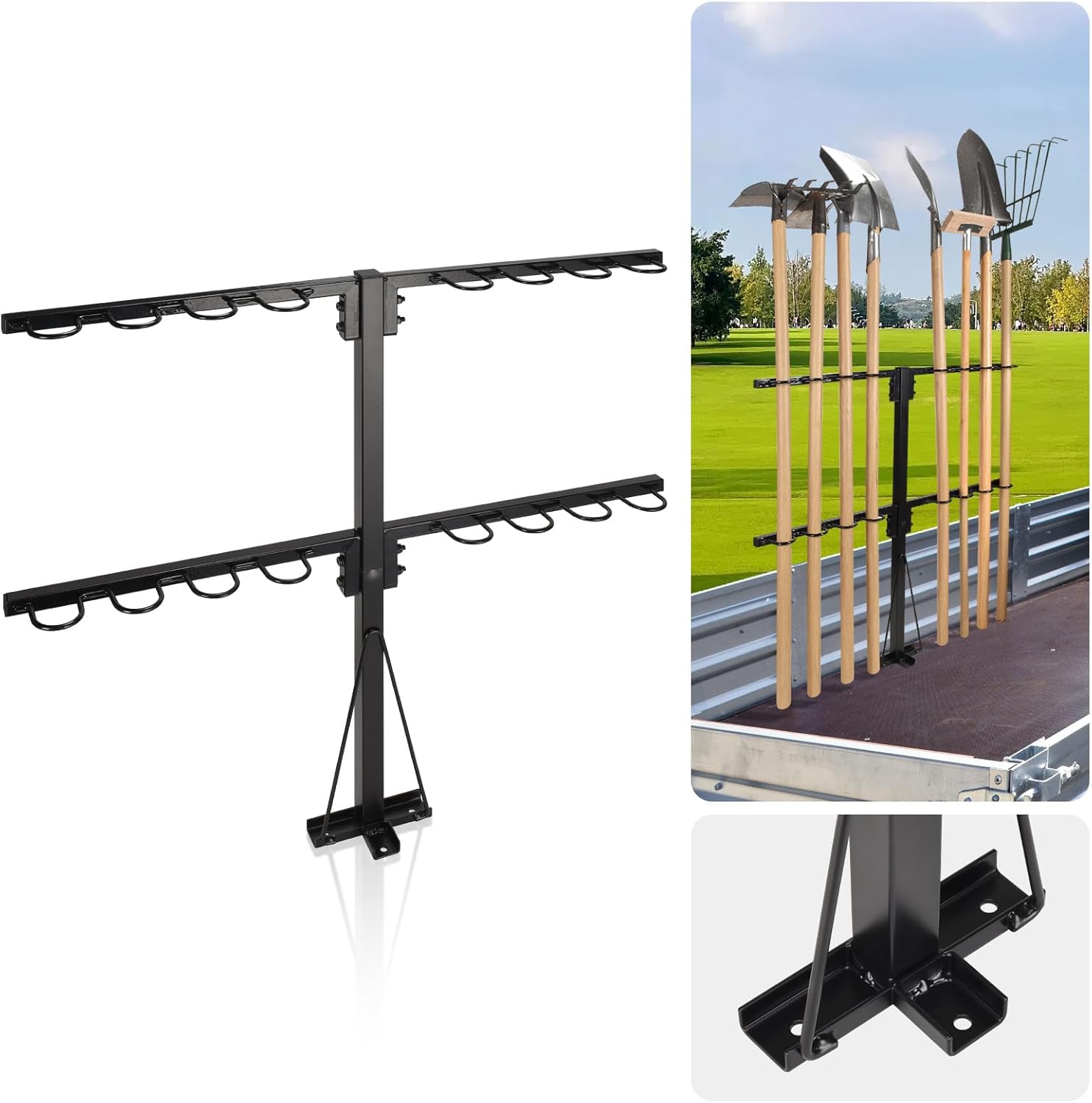 Upgraded Utility Trailer Accessories Trailer Tool Rack with 8 Tool Holes, Heavy-Duty Landscape Trailer Accessories Reinforced Base Shovel Holder Handle Tool Rack for Truck, Trailer
