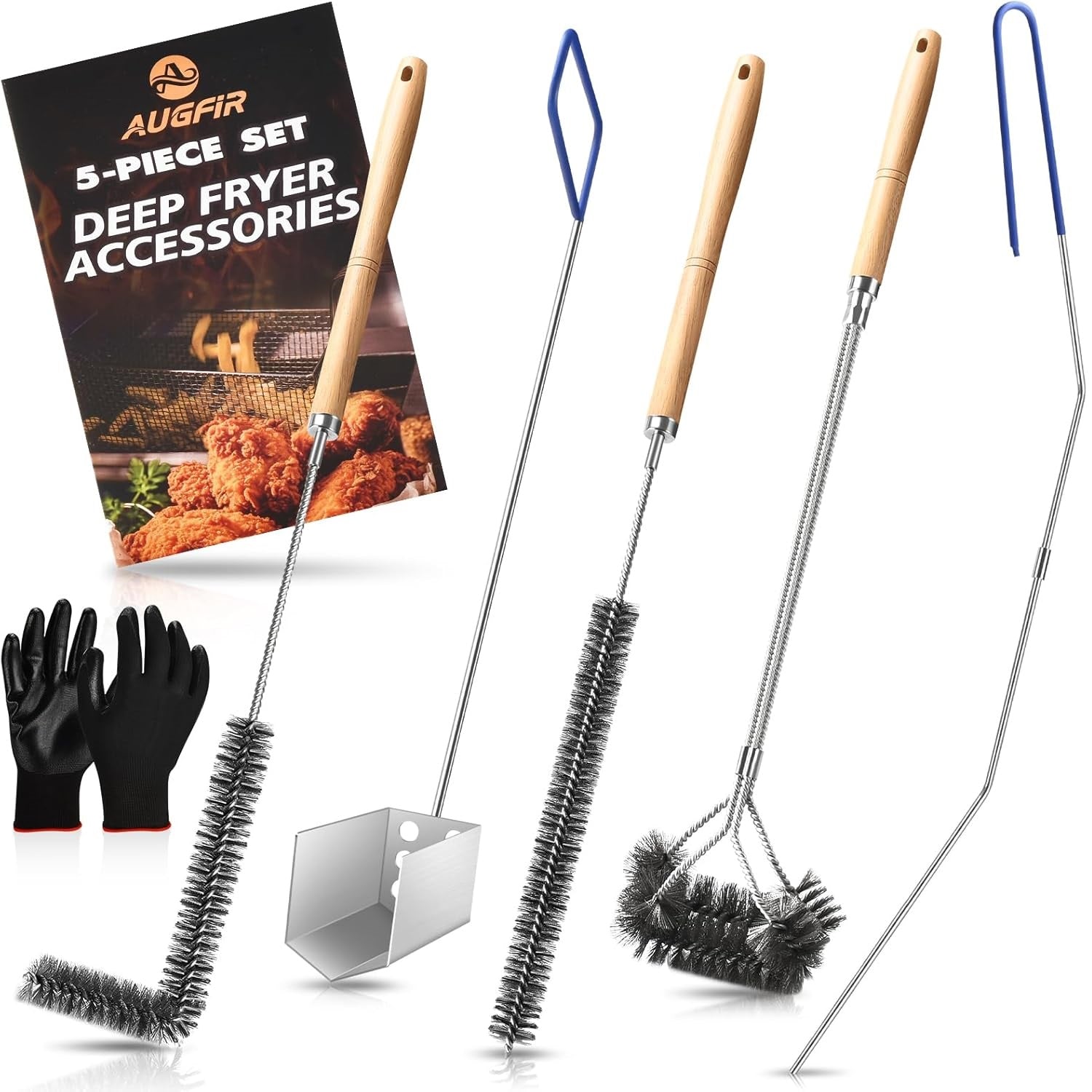 Fryer Cleaning Tool 5 Piece Set, Deep Fryer Basket Brush, Long Handle L-Shaped & Straight Crevice Cleaning Brush, Cleanout Rod Kit and V-Shaped Strainer Scoop for Restaurant, Kitchen Maintenance