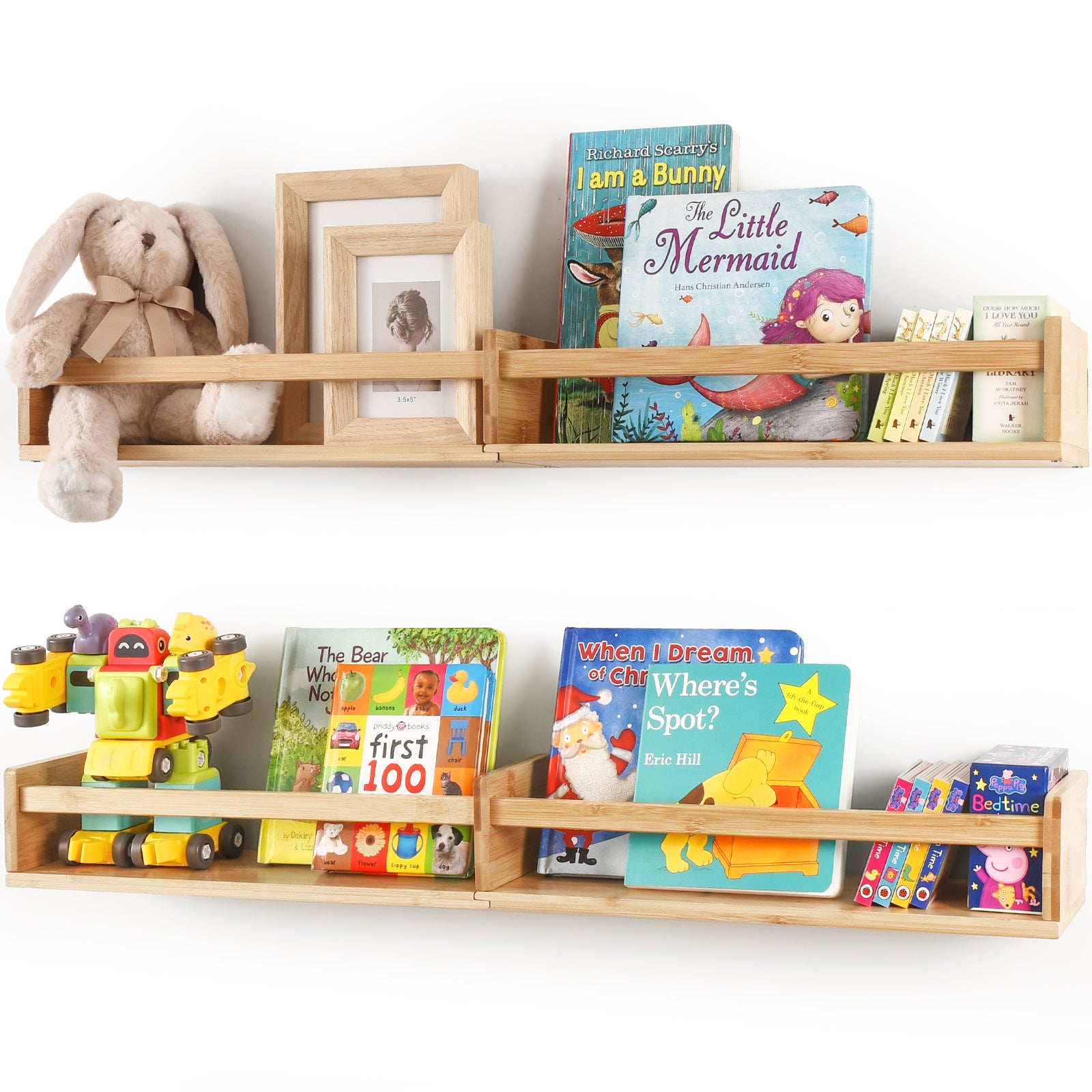 ZZM Bamboo Nursery Book Shelves Set of 2, 32 inch Floating Shelves Kids Bookshelf for Wall Decor and Toy Storage, Small Wall Shelf for Bedroom Living Room Kitchen Bathroom Office Frames