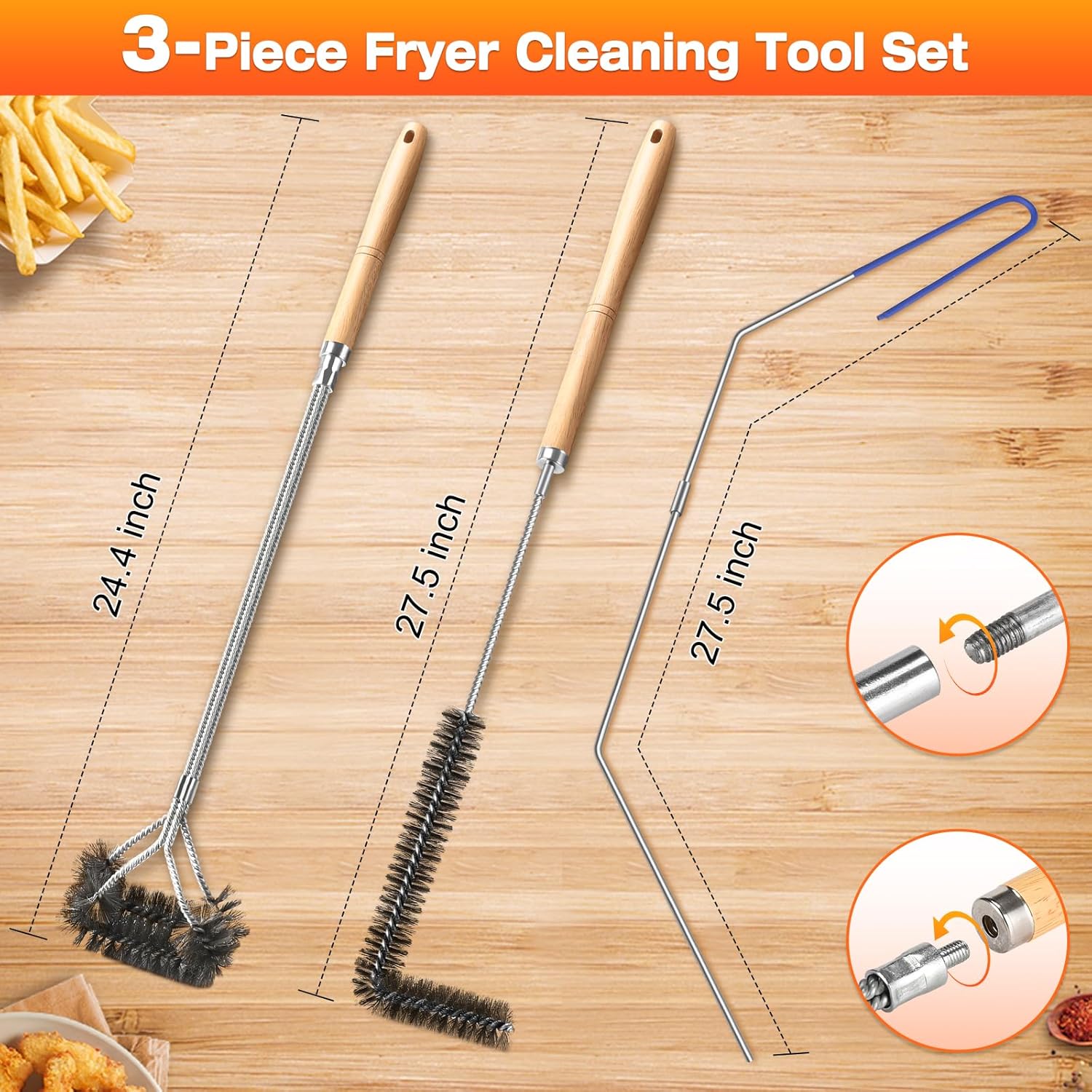 Fryer Cleaning Tools Set of 3, Stainless Steel Deep Fryer Basket Brush, Long Handle L-Shaped Crevice Cleaning Brush and Cleanout Rod Kit for Kitchen Restaurant, Electric Fryer Degreasing Scrubber Tool