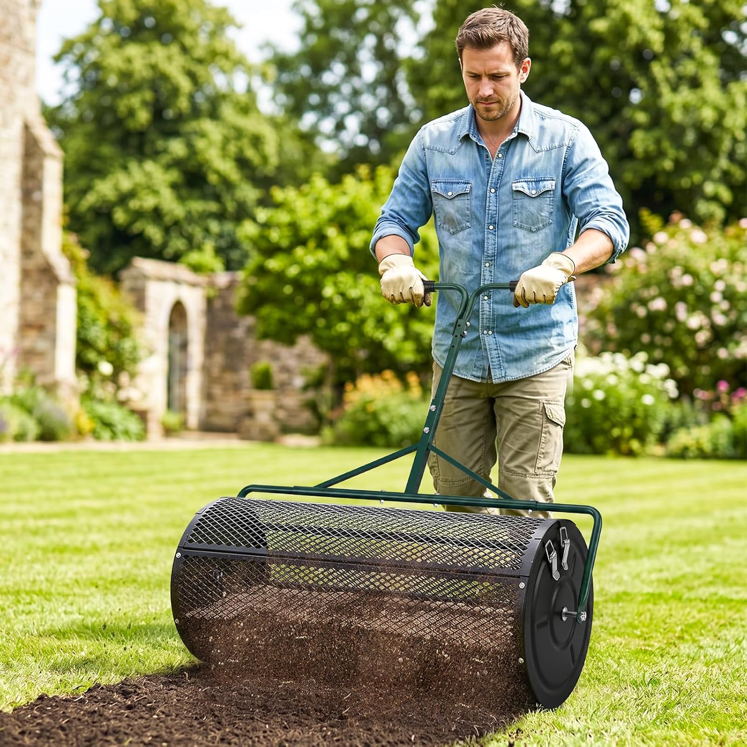 High-Capacity Metal Mesh Drum Compost Spreader with Side-Lock Peat Mos ...