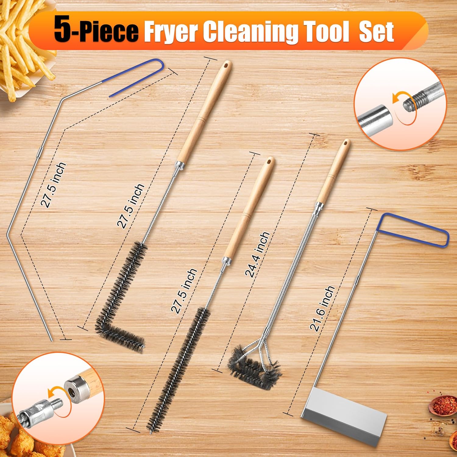 Fryer Cleaning Tool 5 Piece Set, Deep Fryer Basket Brush, Long Handle L-Shaped & Straight Crevice Cleaning Brush, Cleanout Rod Kit and V-Shaped Strainer Scoop for Restaurant, Kitchen Maintenance