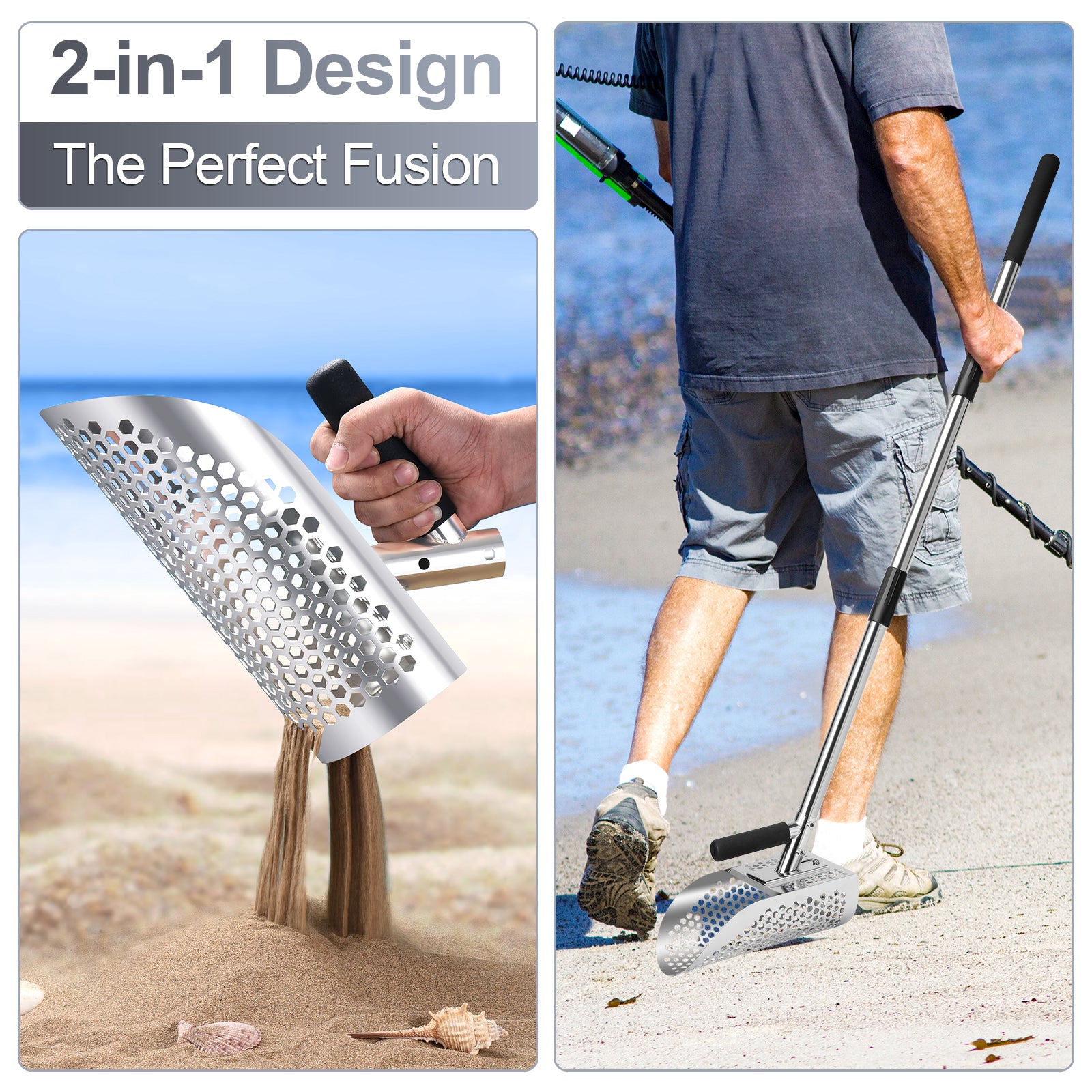 GADFISH Long Handle Sand Scoop, Heavy Duty Stainless Steel Metal Detecting Sand Scoop with Long Handle, Sand Scoop Handheld with Long Steel Handle Pole Design, Ideal for Underwater Treasure Hunting
