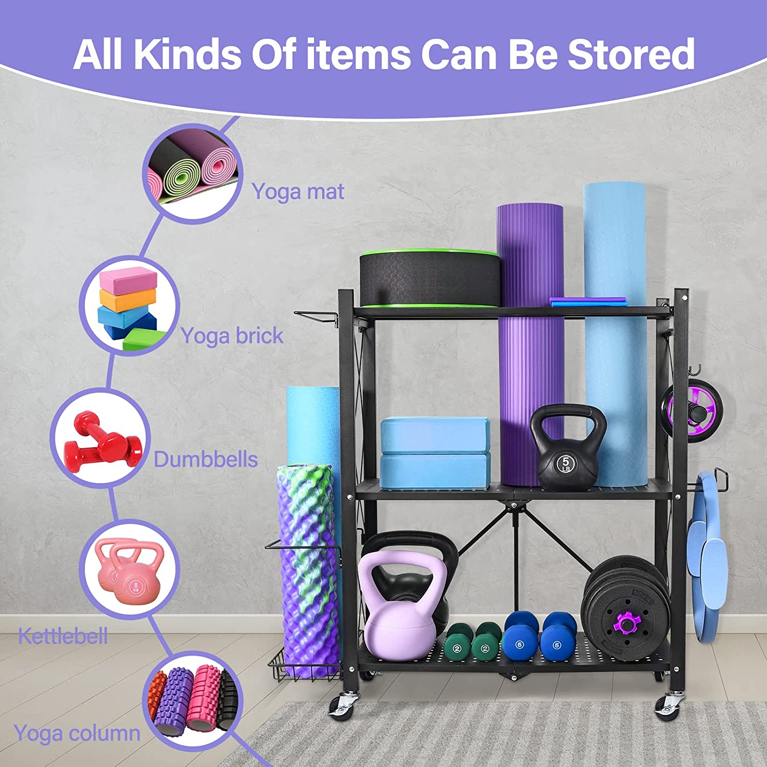 DACK Yoga Mat Storage Rack,Home Gym Storage Cart,Workout Equipment Storage Organizer for Workout Room Yoga Accessories Dumbbell Kettlebell Resistance Bands,with Wheels Side Basket and Hooks