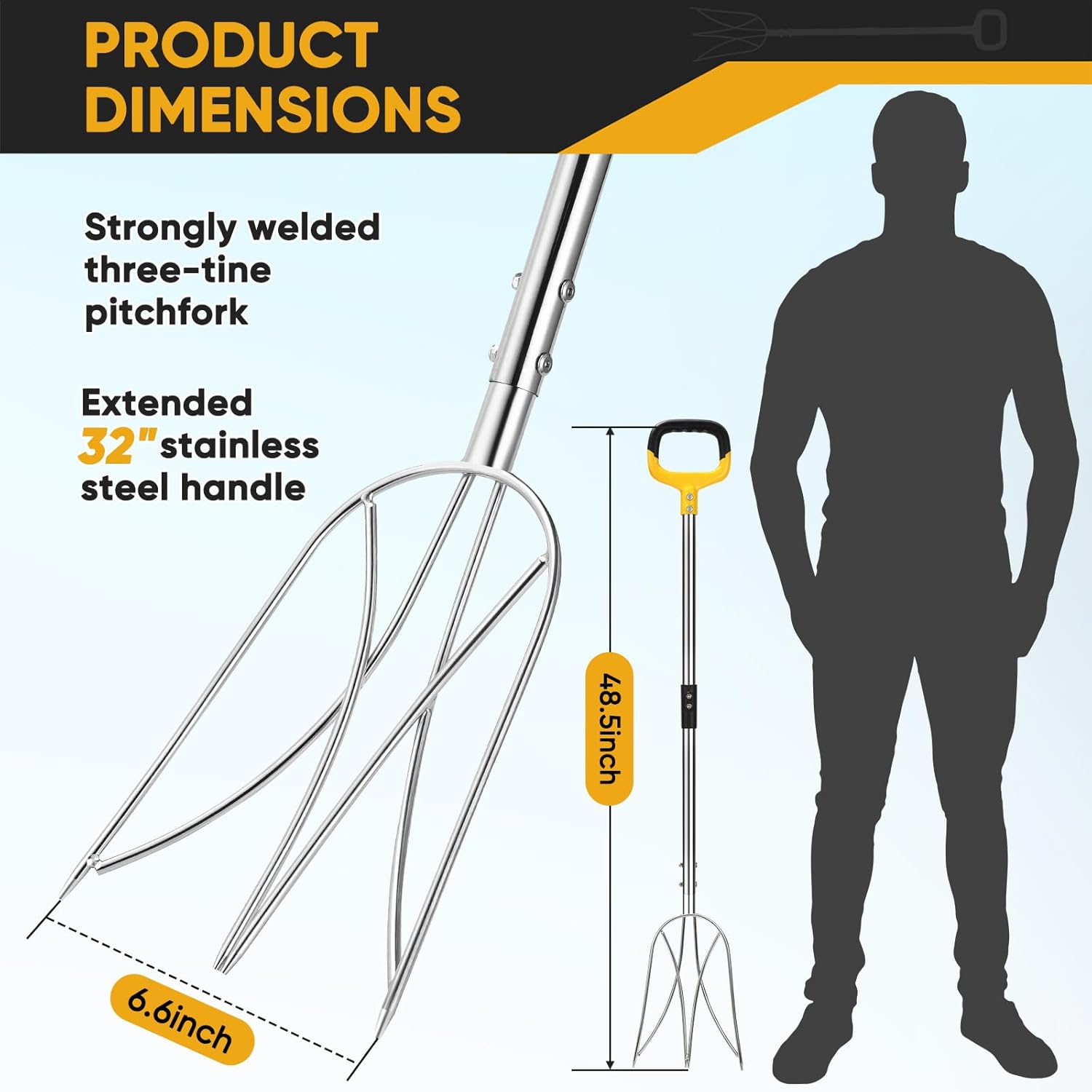 Pitchfork for Gardening, 48.5" Extendable Stainless Steel Garden Pitchfork with Handle, Suitable for Digging, Fertilizing, Transplanting, Multifunctional Garden Fork - 3 Tines