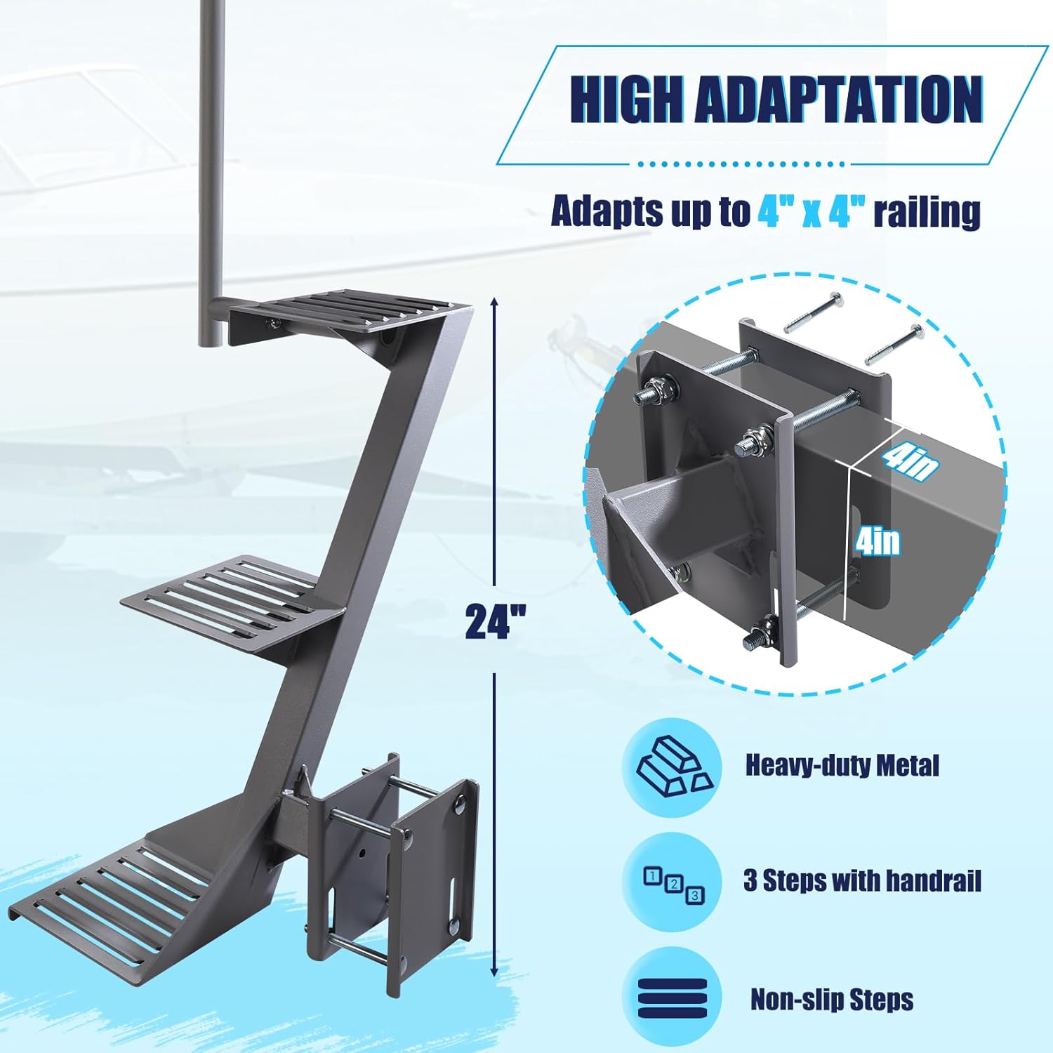 GADFISH Trailer Steps, Heavy Duty Boat Trailer Steps with 3 Steps, Boat Steps for Trailer, Boat Trailer Tongue Steps with Handle, Suitable for 4 x 4 inches Trailer Frame, Silver
