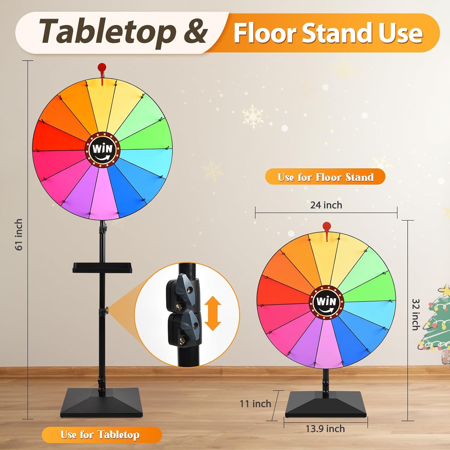 24-inch Prize Wheel, Adjustable 32"-61" Height Desktop & Floor Stand Spinning Prize Wheel, Storable Prize Wheel Spinner, Suitable for Party, Carnivals and Tradeshow