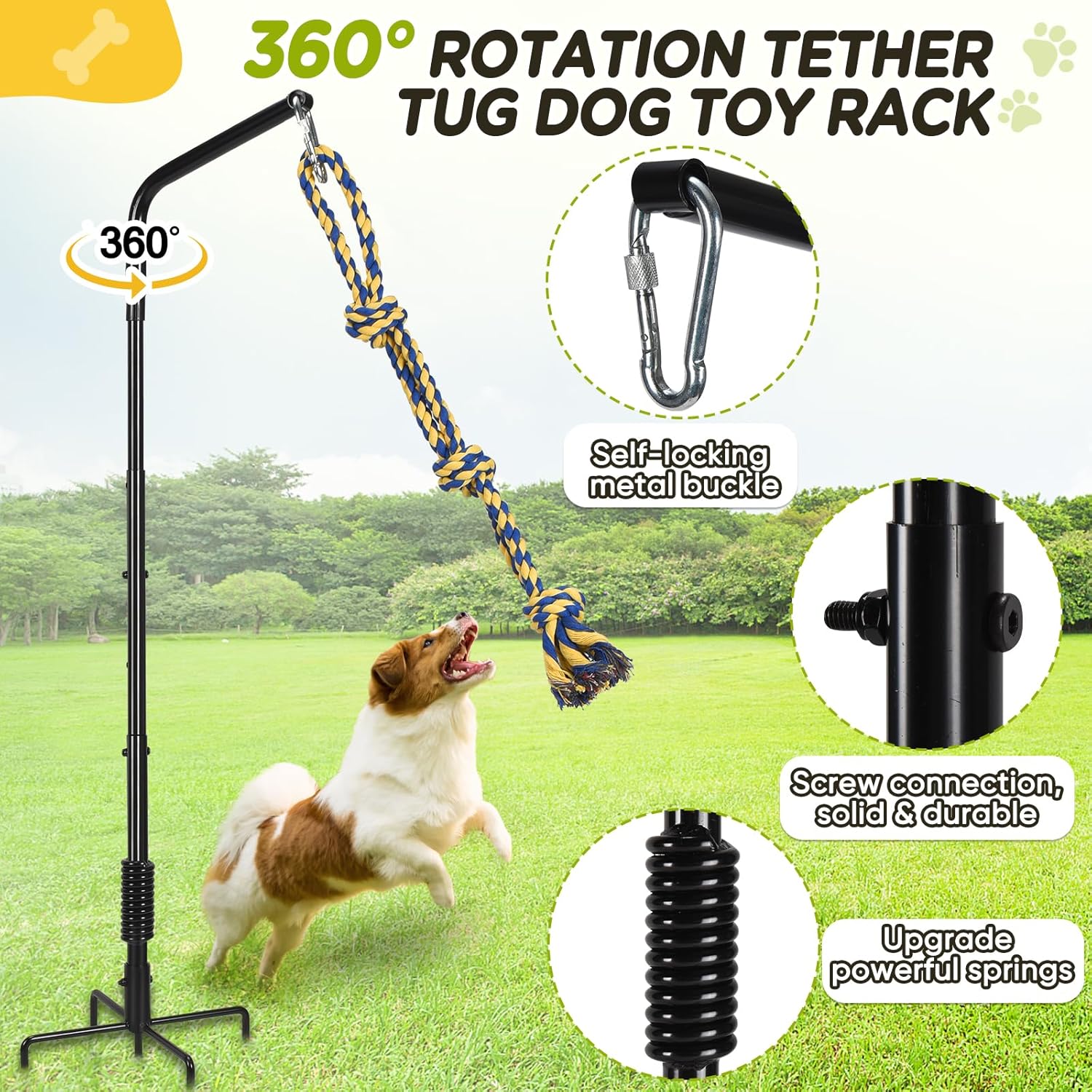 Tether Tug Outdoor Dog Toy with Strengthen Spring Pole, 3 Kinds Dog Tug of War Toys for Self Play and Interactive in Park, Yard, Lawn Rope, Suitable for Large Medium Small Dogs (Black)