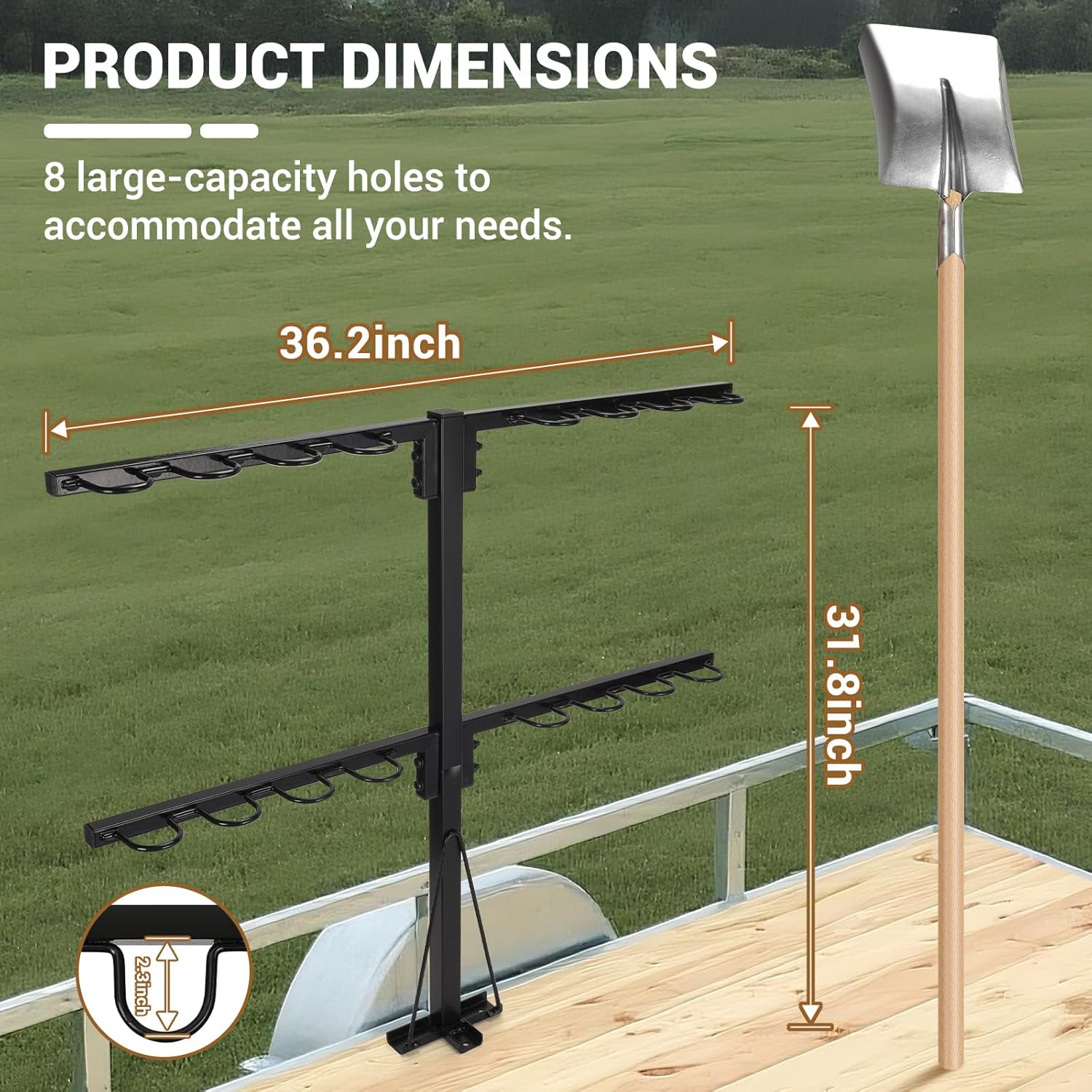 Upgraded Utility Trailer Accessories Trailer Tool Rack with 8 Tool Holes, Heavy-Duty Landscape Trailer Accessories Reinforced Base Shovel Holder Handle Tool Rack for Truck, Trailer