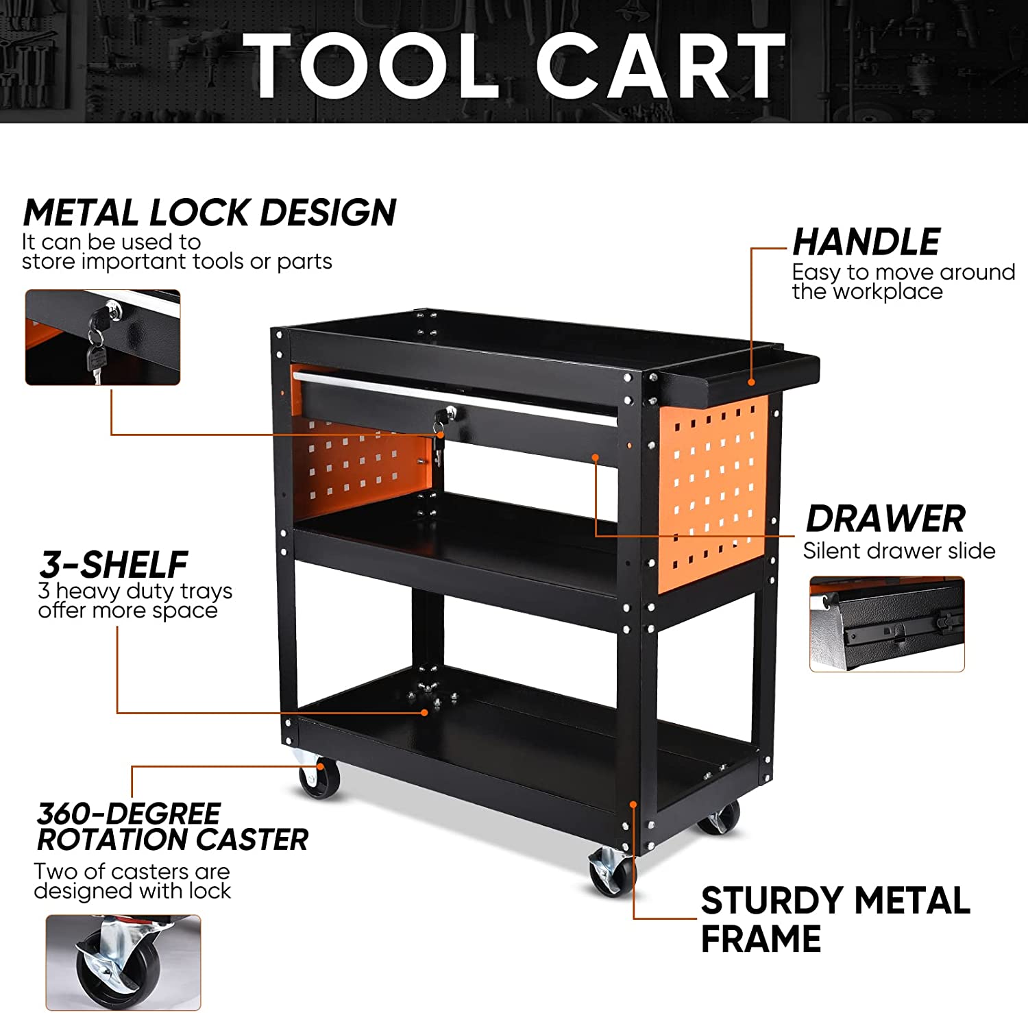 3 Tier Tool Cart, Rolling Cart Tool Cart on Wheels and Utility Drawers, 400Lbs 3-Tier Tool Storage Cart on Wheels for Mechanics, Tool Organizer Design for Garage, Warehouse, Repair Shop and Home