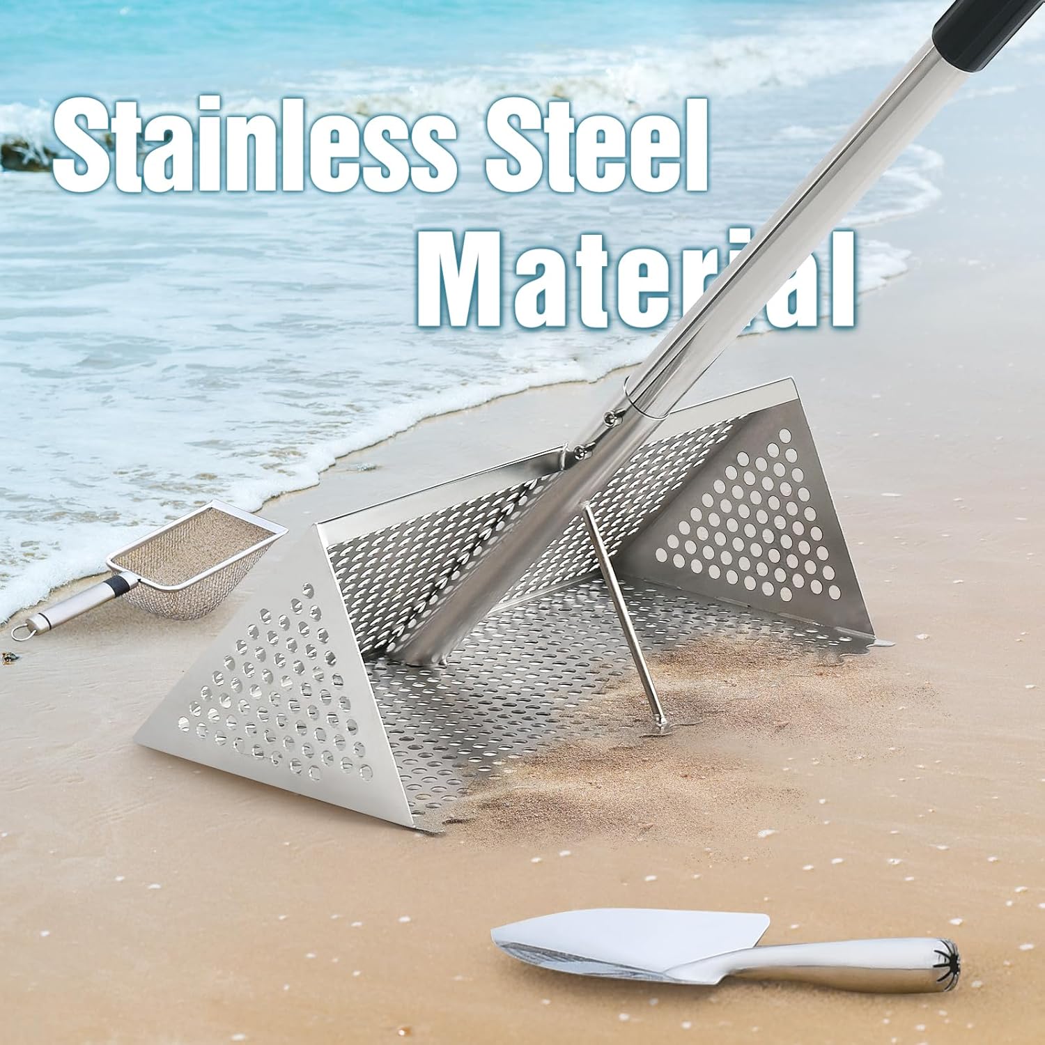 Sand Flea Rake, Stainless Steel Sand Sifter, Shark Tooth Sifter with A 16-Inch Wide Drain Screen for Finding Fleas,Shells and Shark Teeth
