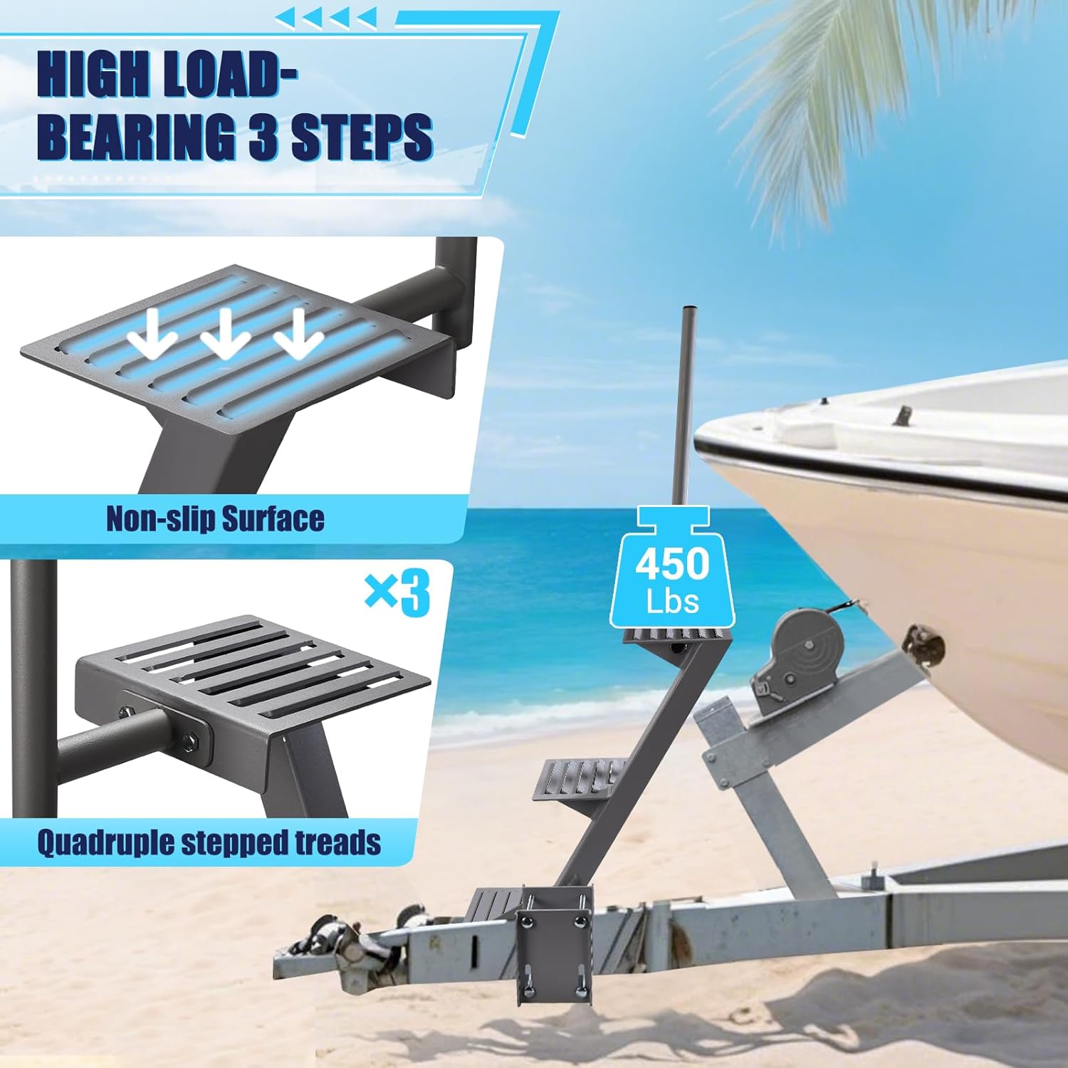 GADFISH Trailer Steps, Heavy Duty Boat Trailer Steps with 3 Steps, Boat Steps for Trailer, Boat Trailer Tongue Steps with Handle, Suitable for 4 x 4 inches Trailer Frame, Silver
