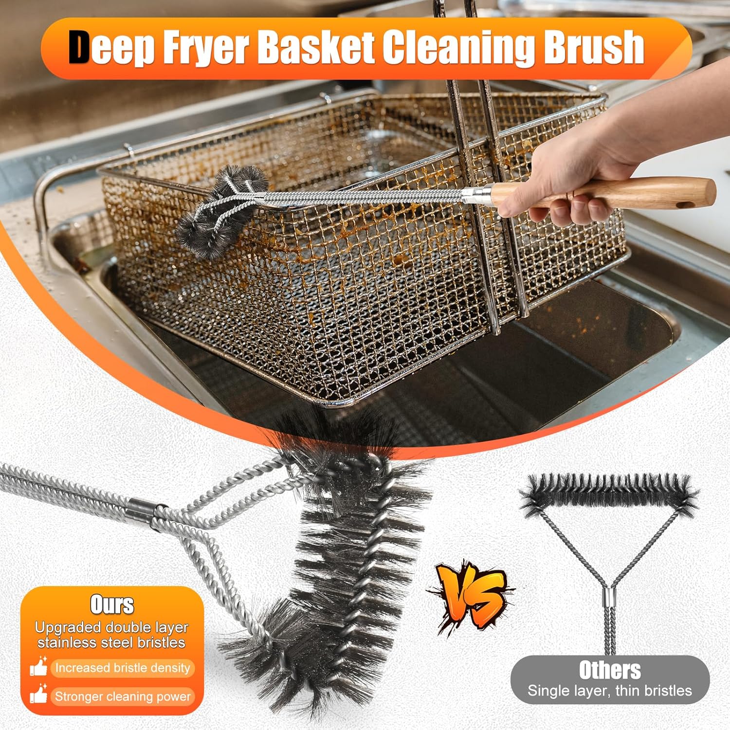 Fryer Cleaning Tool 5 Piece Set, Deep Fryer Basket Brush, Long Handle L-Shaped & Straight Crevice Cleaning Brush, Cleanout Rod Kit and V-Shaped Strainer Scoop for Restaurant, Kitchen Maintenance