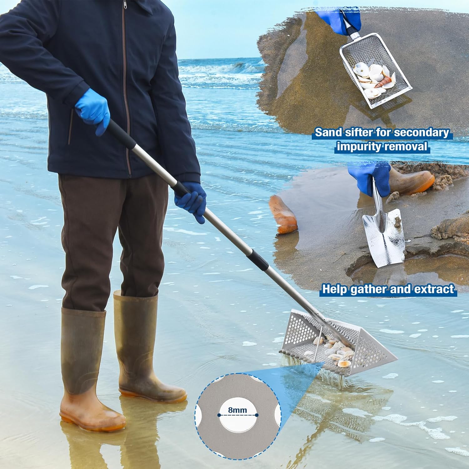 Sand Flea Rake, Long Handle Sand Sifter for The Beach, Stainless Steel Shark Tooth Sifter Comes with A 16-Inch Wide Mesh Screen for Collecting Fleas, Shark Teeth, and Seashells